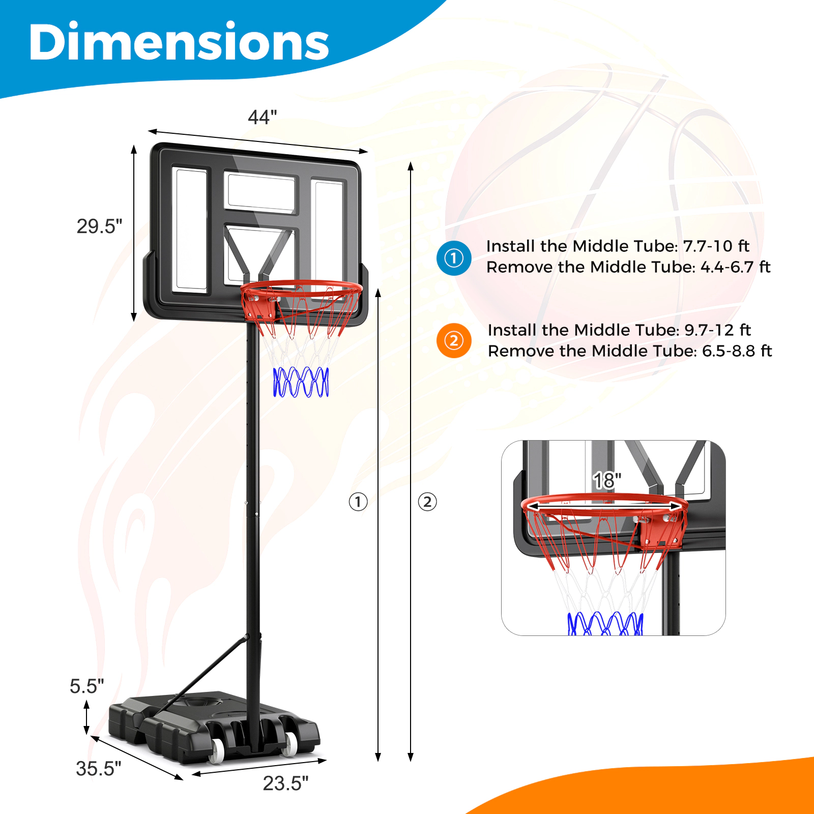 SUGIFT Black Portable Basketball Hoop with 44-in Shatterproof Backboard and 2 Wheels 4.4-ft to 10-ft H 18-in Rim
