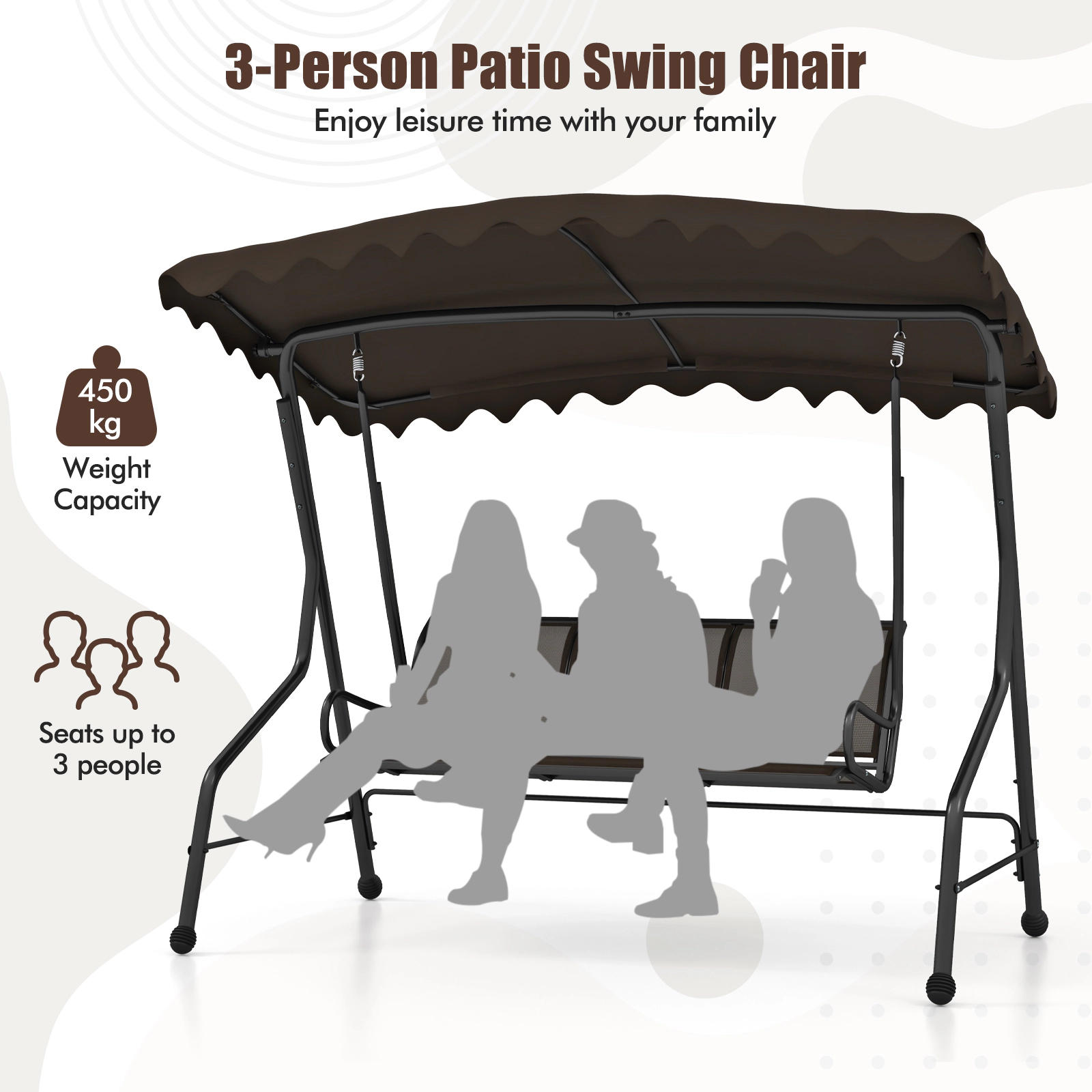 SUGIFT Brown 3-Seat Outdoor Porch Swing with Canopy, 1000-Lb Capacity