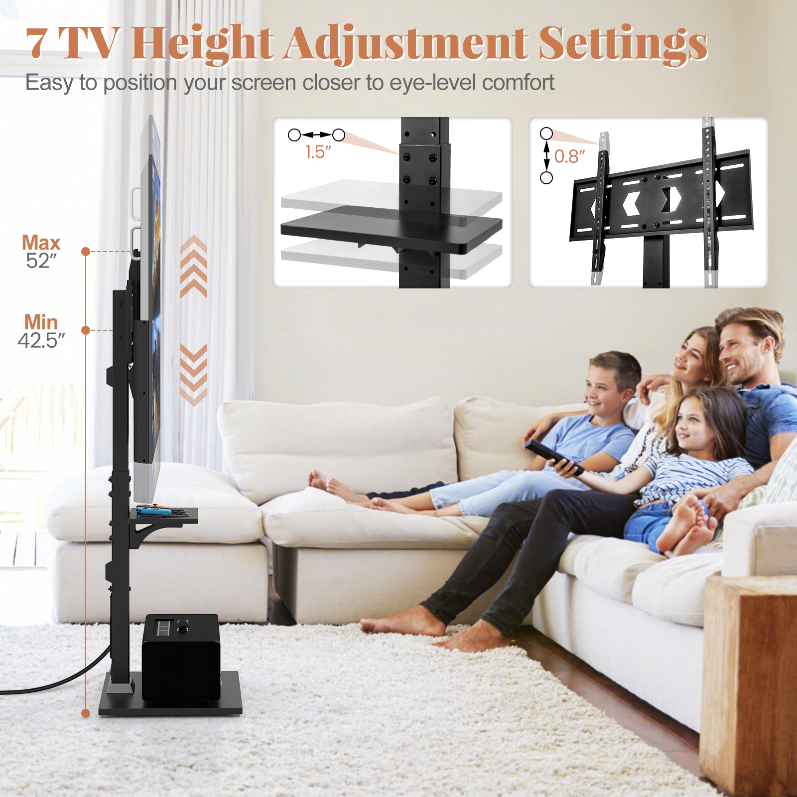 SUGIFT Tilt and Height Adjustable Floor TV Stand with Power Outlet and AV Shelf 110-lb Capacity Black