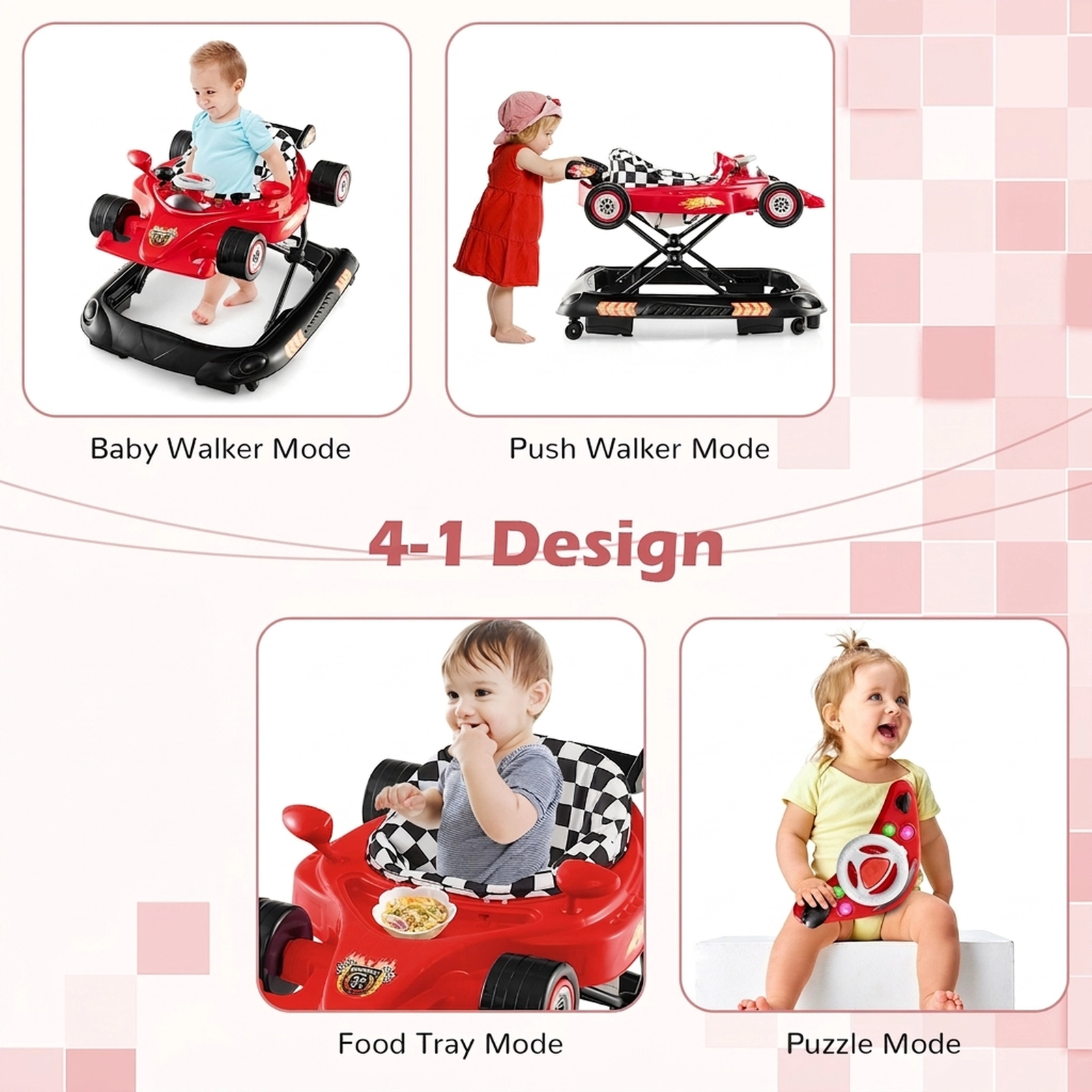 SUGIFT Red 3 Adjustable Height Settings and Music Plate Convertible Baby Walker