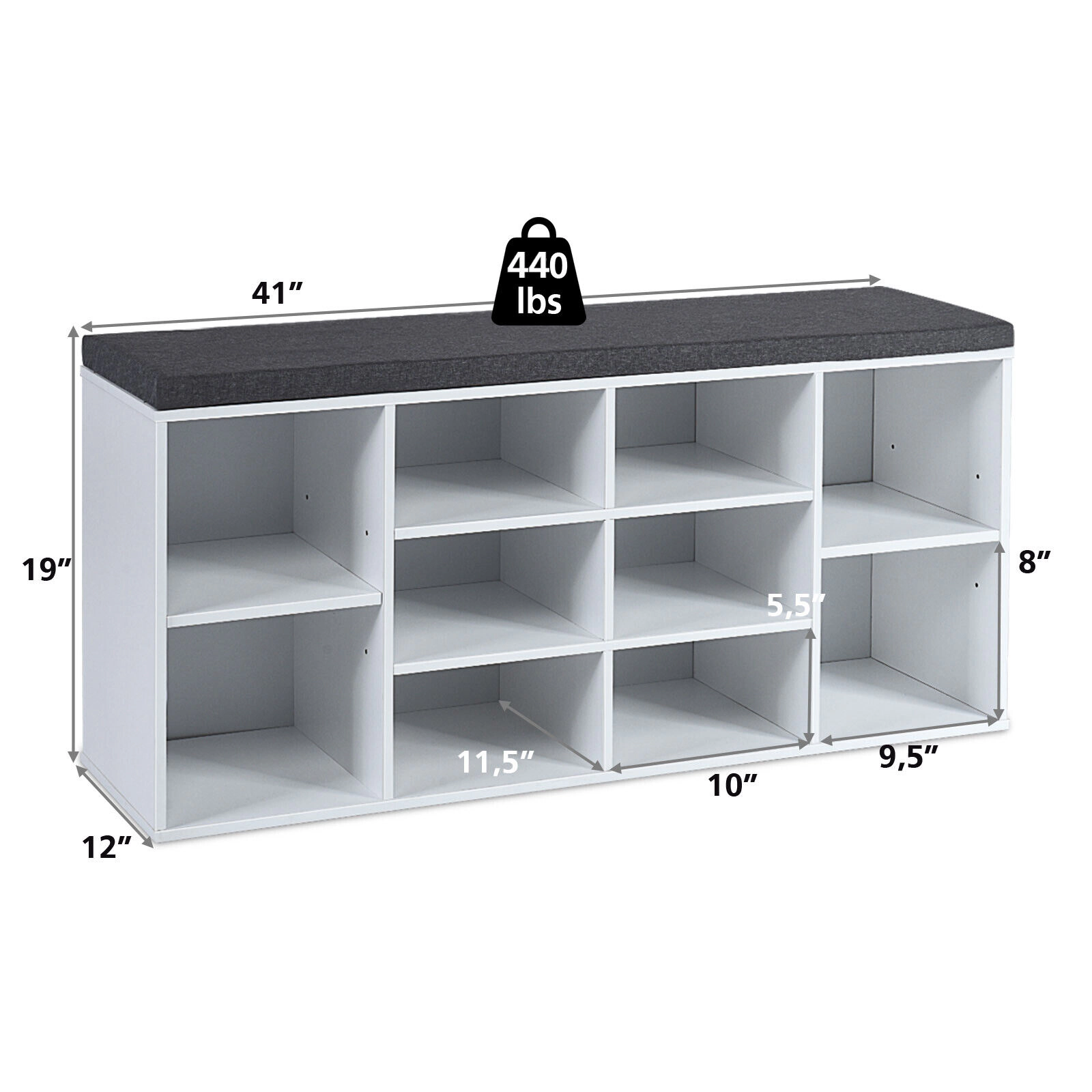 SUGIFT 10-Cube Organizer Shoe Storage Bench Cushion 41-in Wide 440-lb Capacity Chipboard Frame Removable Cushion Cover