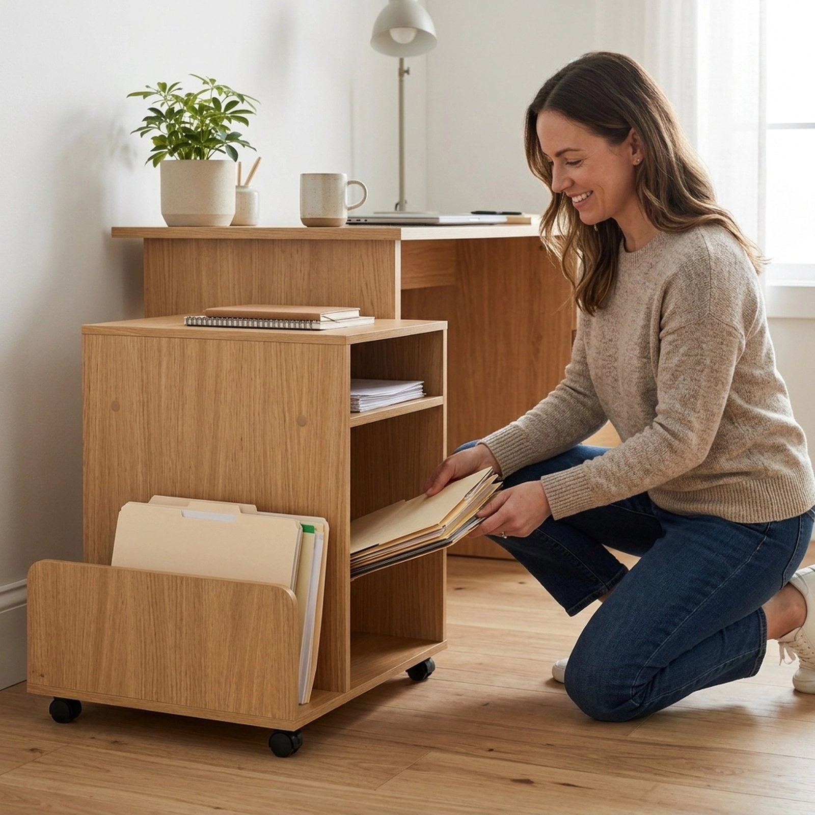 SUGIFT Rolling 3-Tier Mobile End Table with Side Storage Rack 22-lb Countertop Capacity Natural Coffee