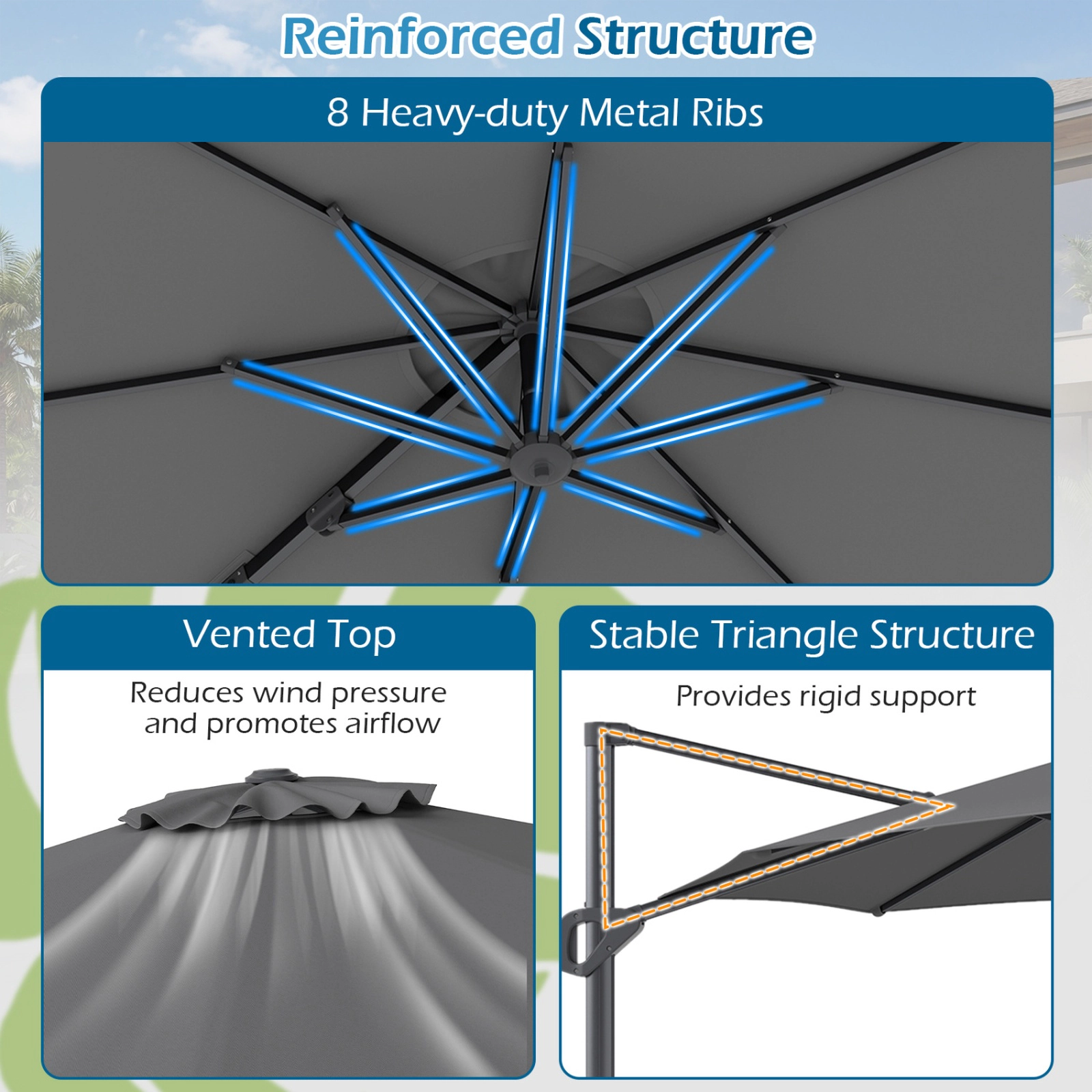 SUGIFT 10-Ft Gray Offset Cantilever Patio Umbrella, Vented Top, 8 Metal Ribs