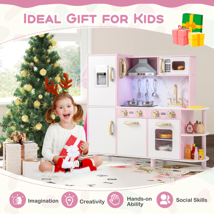 SUGIFT Wooden Kitchen Playset Ice Maker & Sounds for Ages 3+ with 1 Chef Hat 1 Apron 1 Knife 1 Cutting Board 1 Pan 1 Pot