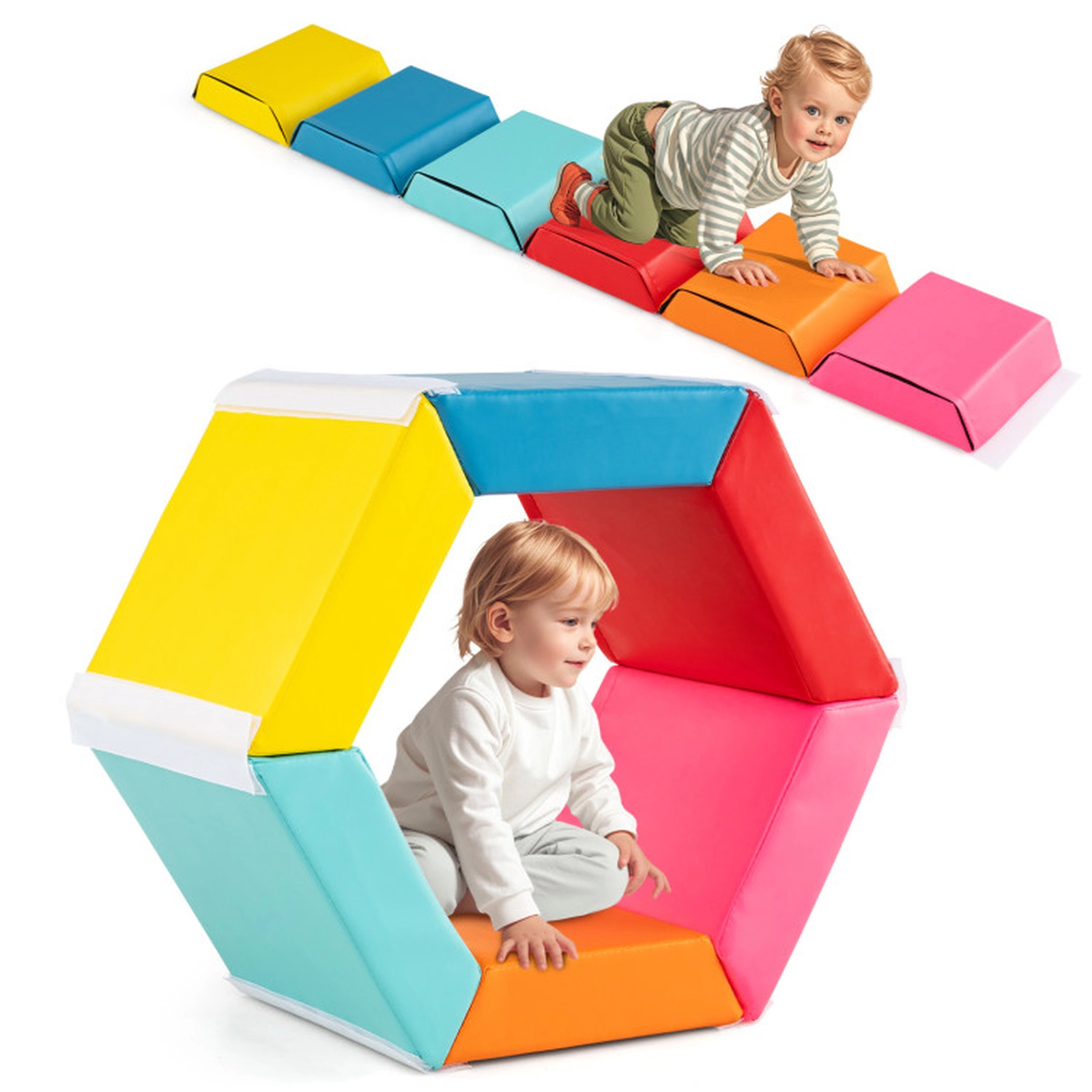SUGIFT 6-Piece Hexagon Foam Ball Pit and Kids Exercise Mat with Detachable PU Covers and Crawl Tunnel