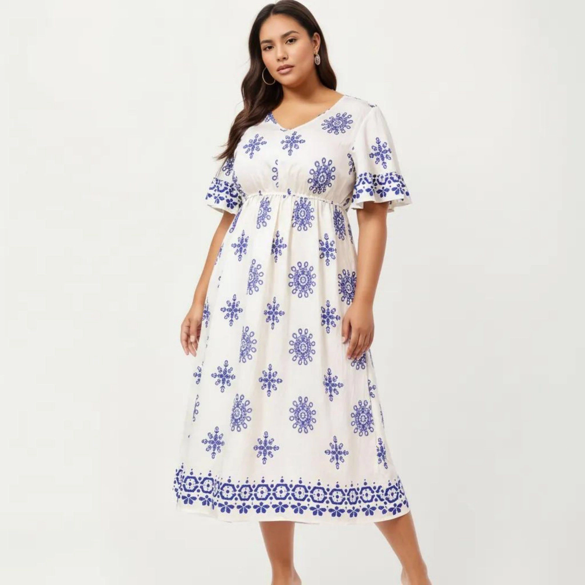 Anna-Kaci Women's Short Sleeve V Neck Elastic Waist All Over Print Border Detail Flowy Fit Casual Midi Dress