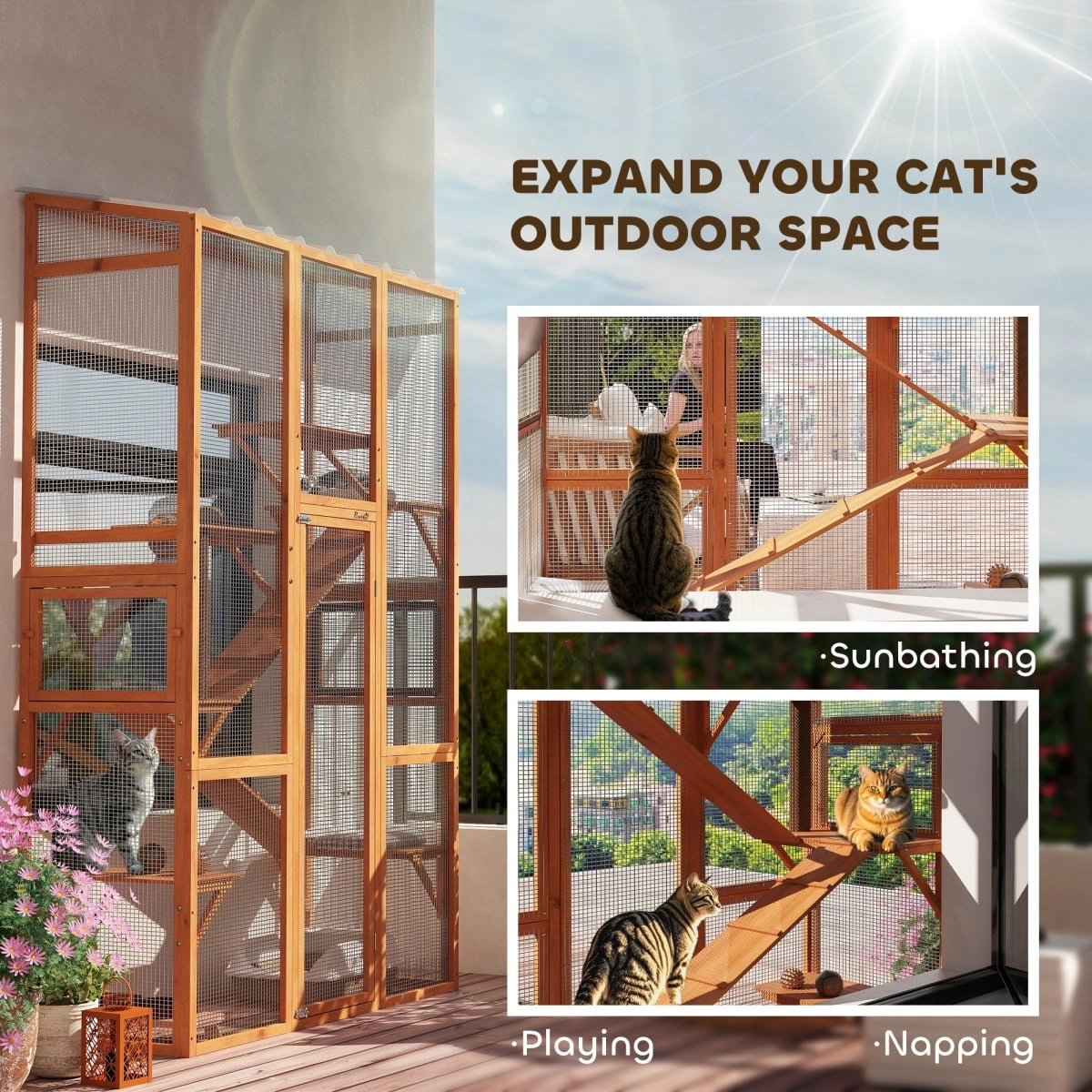 212 Main PawHut Outdoor Catio Cat Enclosure with 6 Platforms, Scratching Post & 2 Ramps, Orange