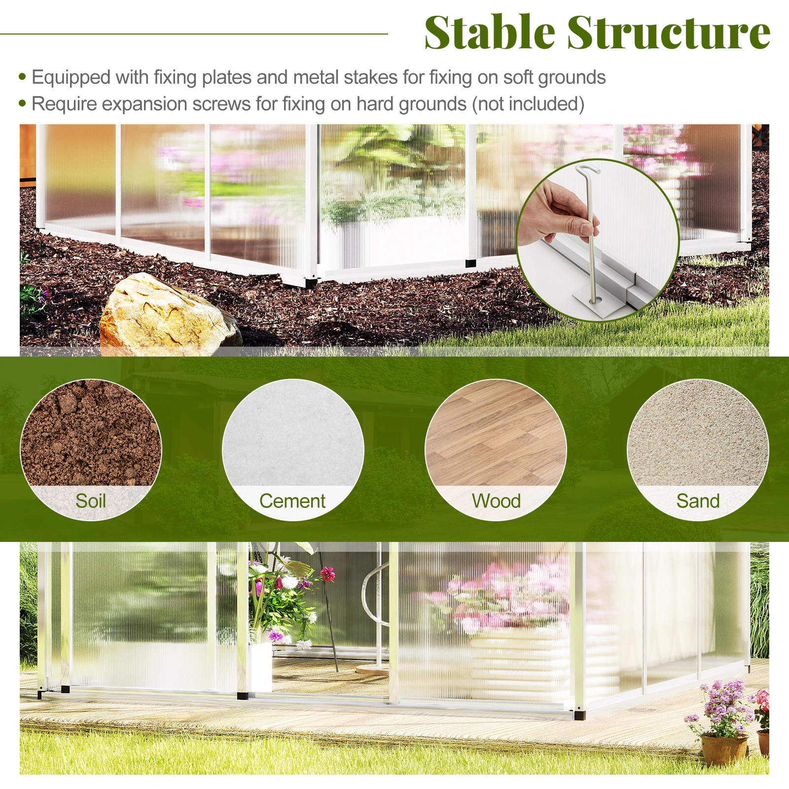 SUGIFT Large Walk-in Polycarbonate Greenhouse with Rain Gutters 6.5-ft Tall Transparent+Silver