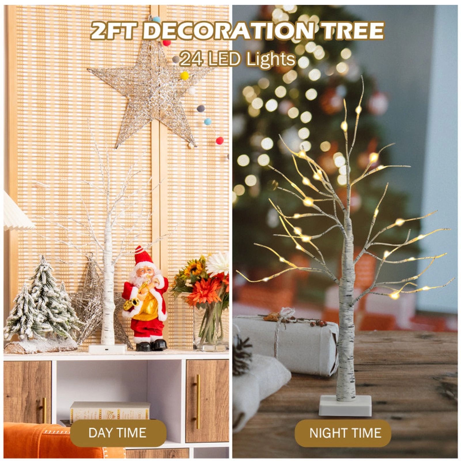 SUGIFT Pre-lit Twig Birch Tree Set Battery Powered White