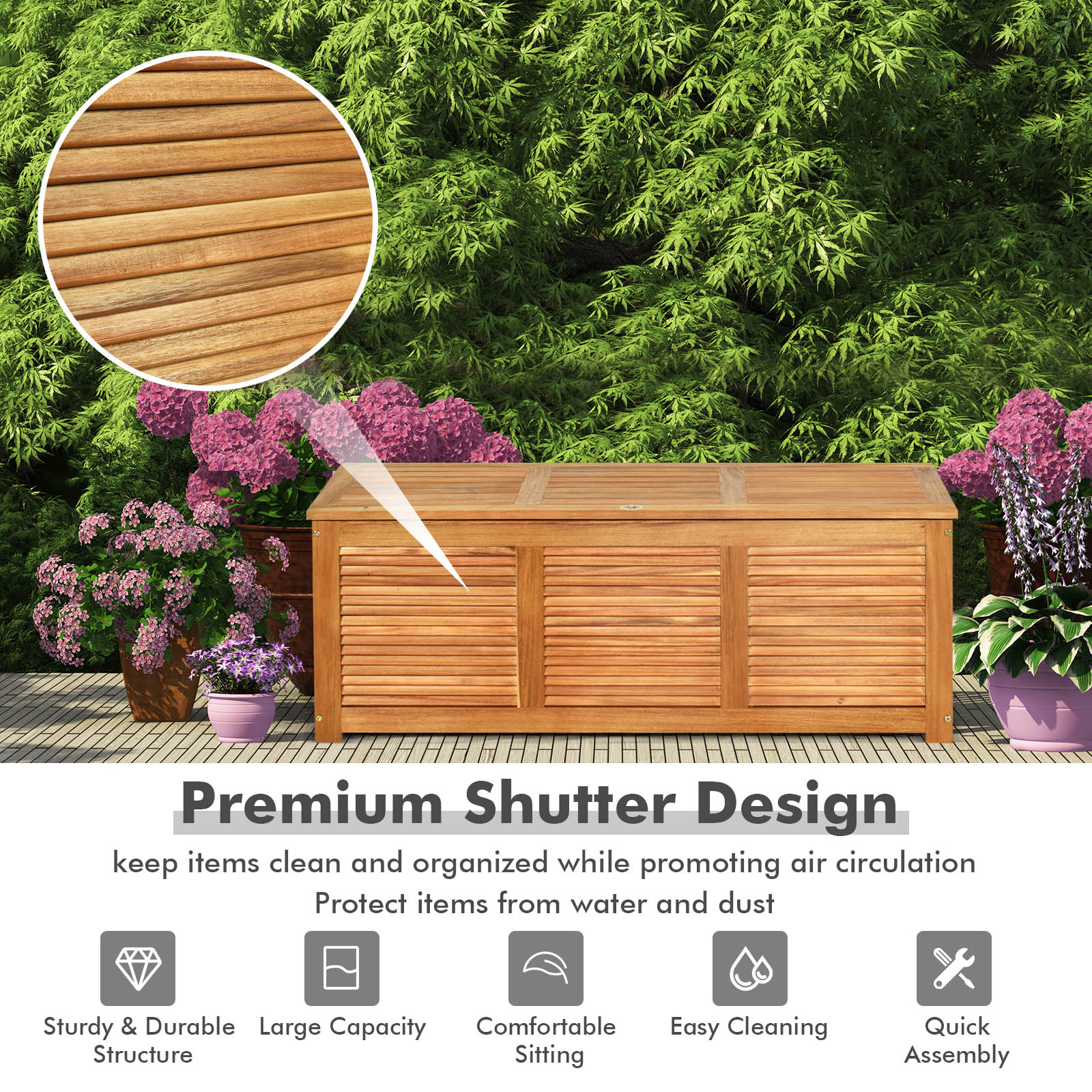 SUGIFT 46-Gallon 355-lb Capacity Acacia Wood Outdoor Storage Box and Bench with Galvanized Flip-Top Lid