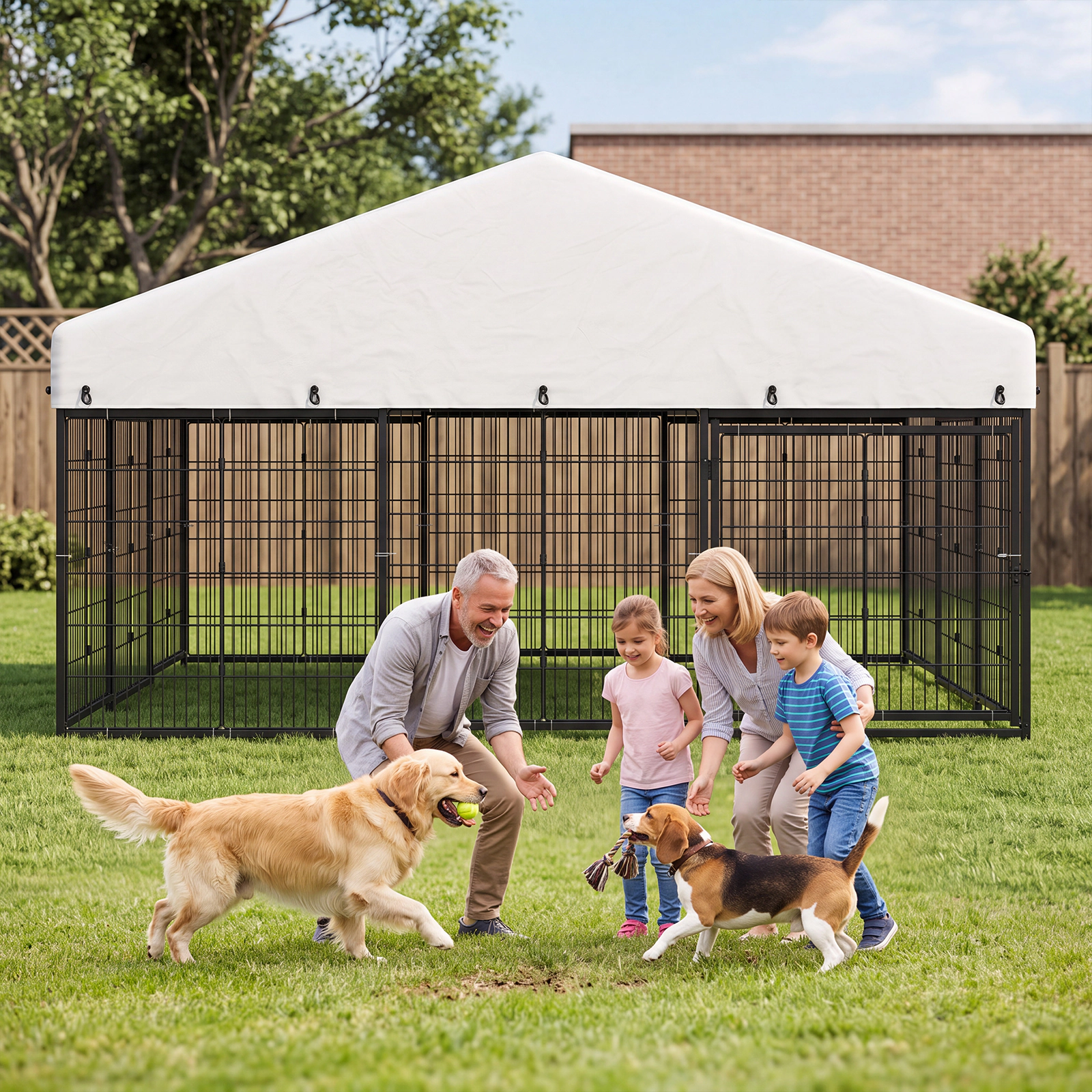 Petony Large Outdoor Dog Enclosure, Heavy Duty Galvanized Steel Cage with Roof & Double Safety Locks