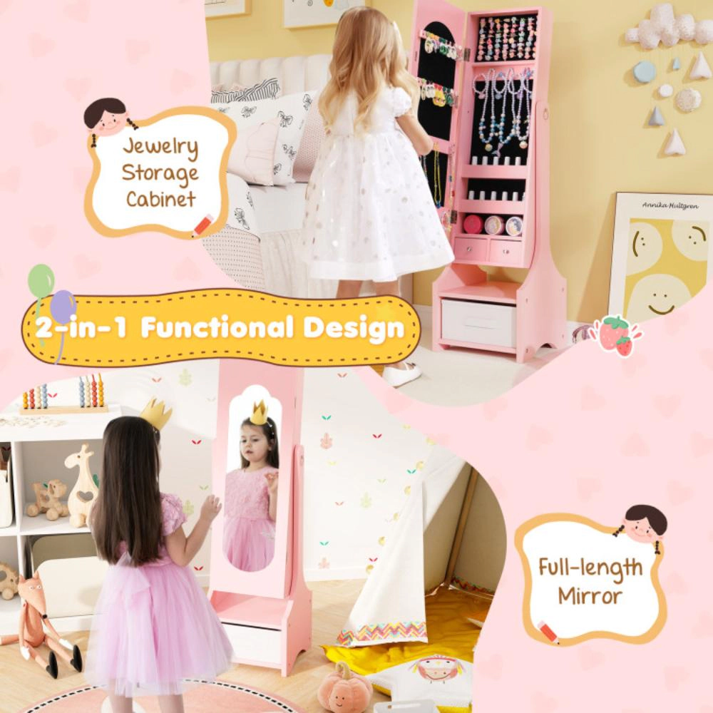 Hivvago Freestanding Kids Jewelry Armoire Cabinet With Storage And 2 Tilt Angles-Pink