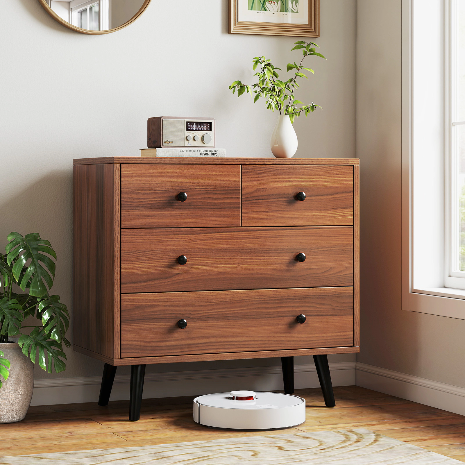 SUGIFT Wide Wooden Dresser with 4 Drawers 110-lb Countertop Capacity Bedroom Living Room Walnut