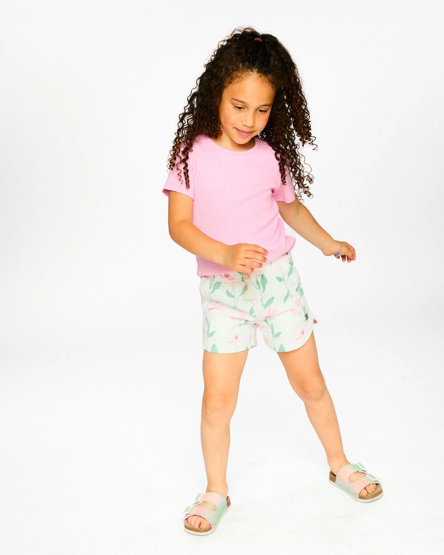 Deux par Girls Floral Print Drawstring Waist Curved Hem French Terry Shorts