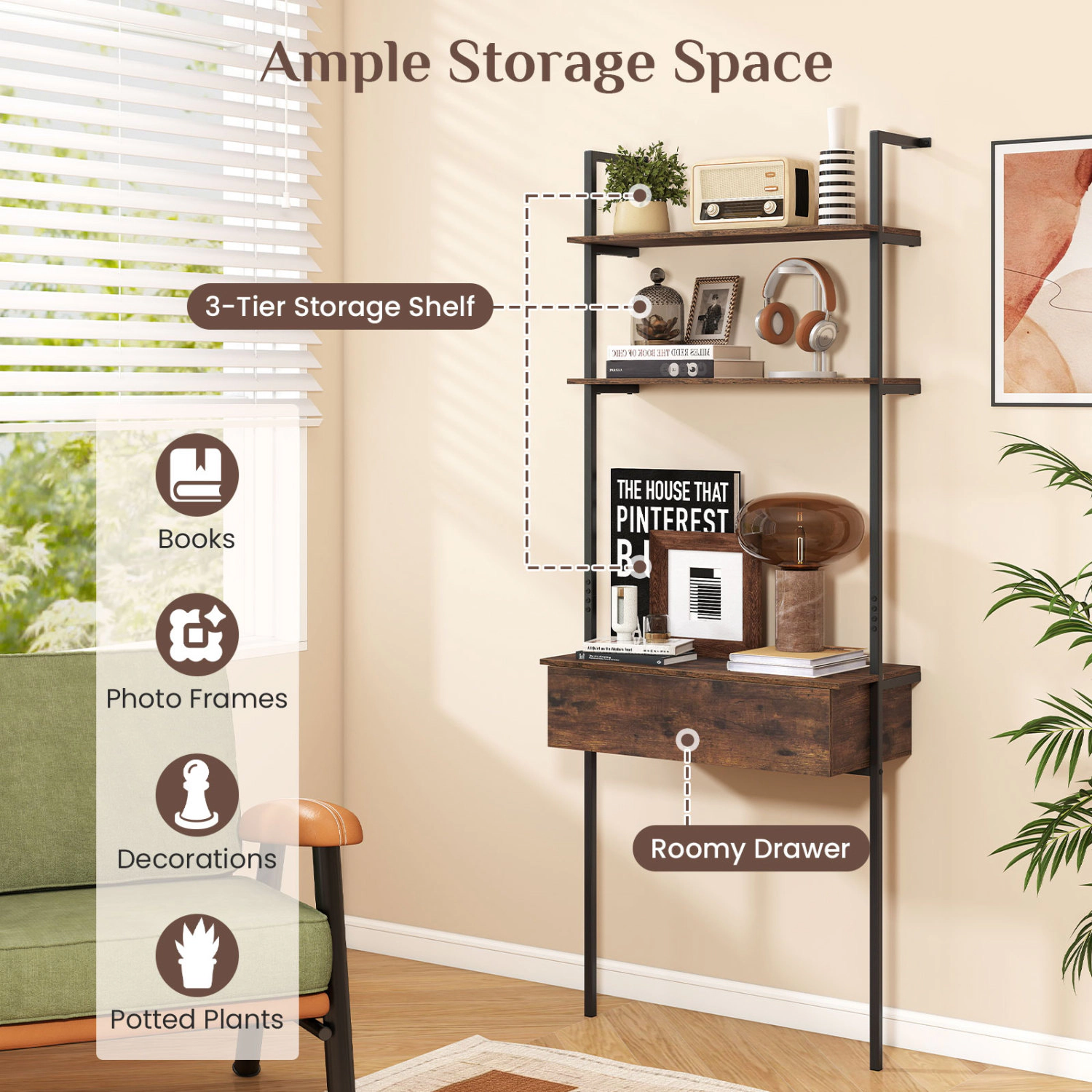 LJG 4-Tier Ladder Bookshelf with Drawer and Metal Frame for Living Room