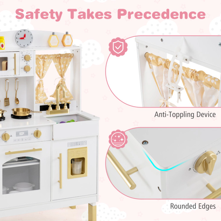 Hivvago Play Kitchen for Kids Wooden Chef Pretend Playset with 3 Adjustable Heights Microwave