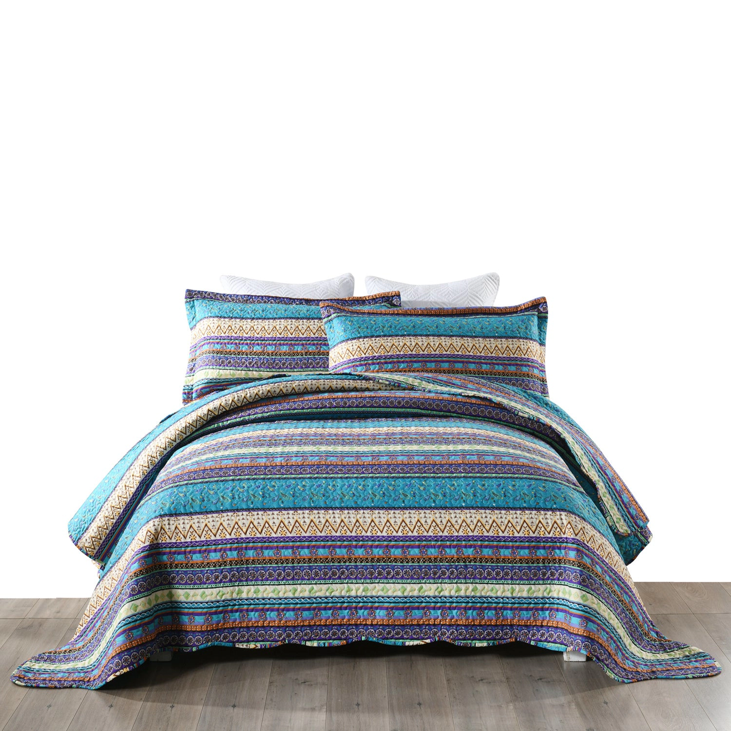 MarCielo 3 Piece Boho Quilt Bedspread Set, Tribal Striped Coverlet with 2 Pillowshams