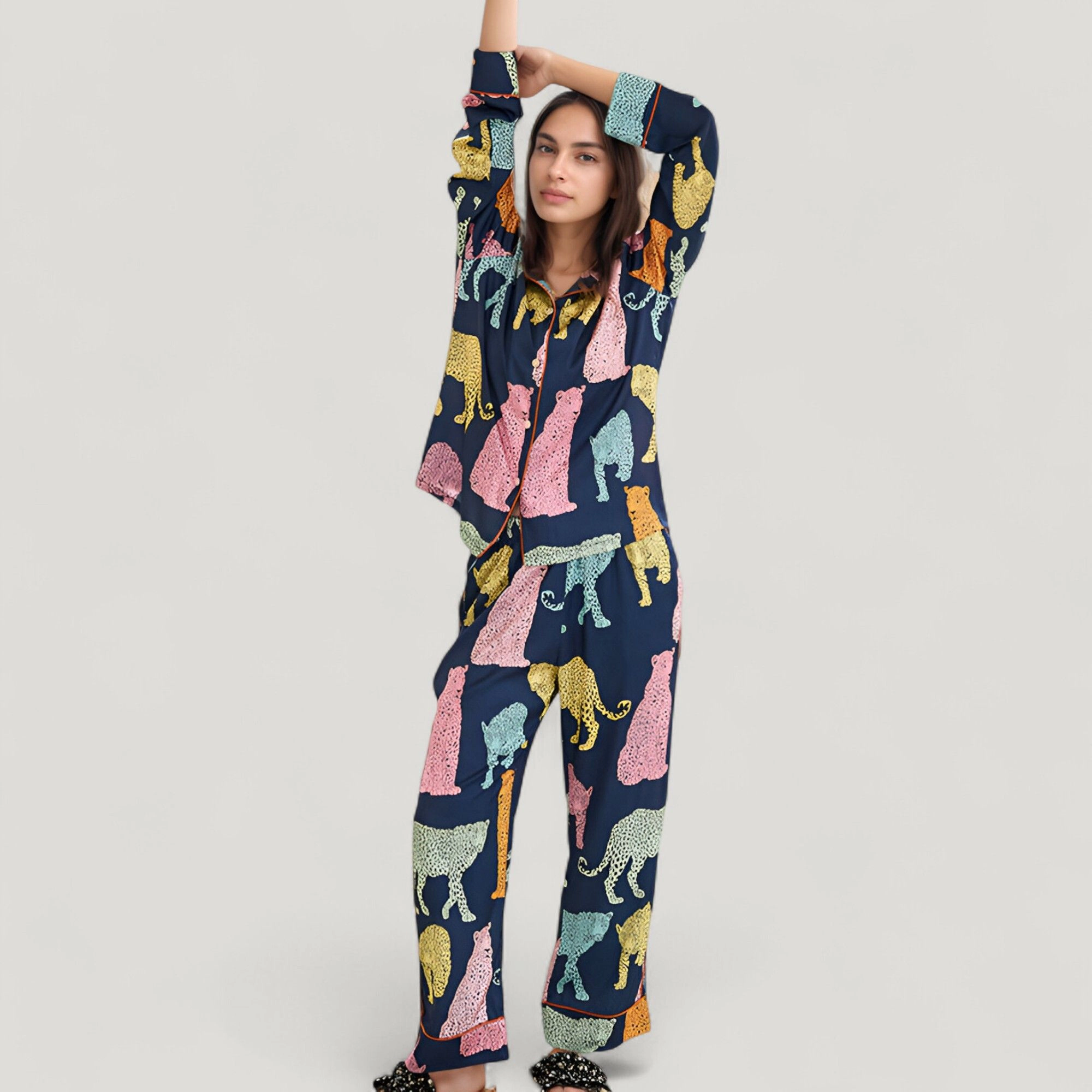 Anna-Kaci Women's Satin Multicolor Leopard Print Pajama Set with Button Up Long Sleeve Shirt and Relaxed Fit Pants