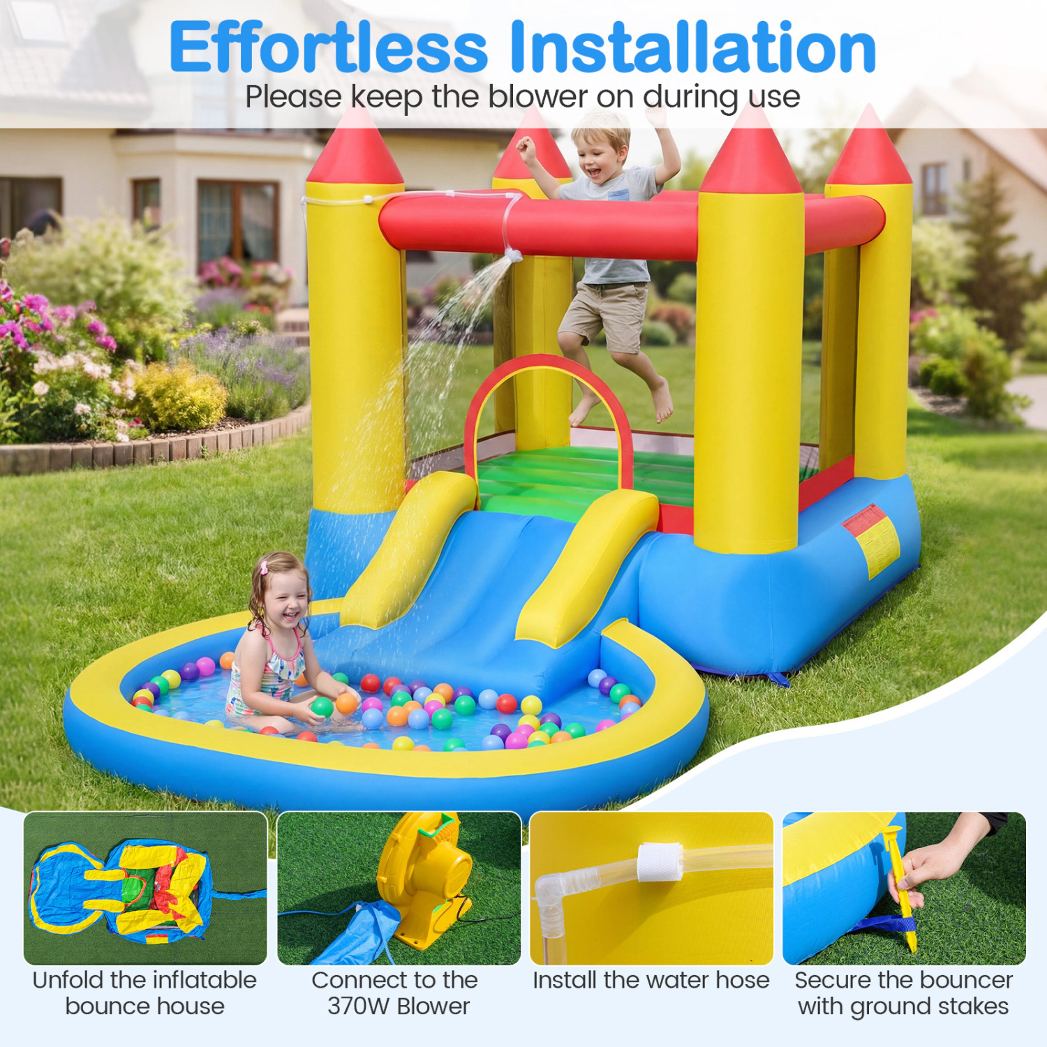 Hivvago Inflatable Bounce House with Water Slide and 370W Blower