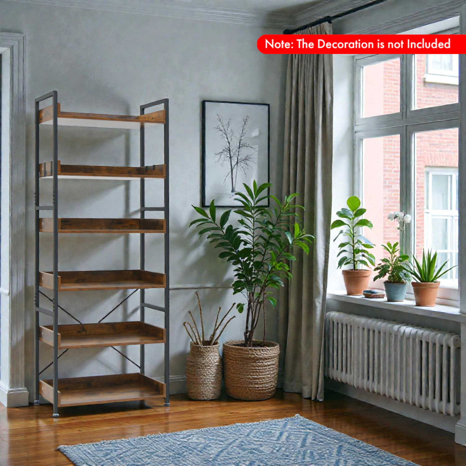 Hivvago Rustic Industrial 6-Tier Storage Bookcase with Open Display Shelving and Hooks