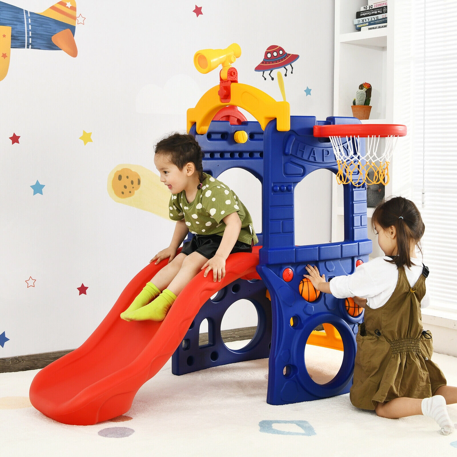LJG 6-in-1 Freestanding Kids Slide with Basketball Hoop and Ring Toss