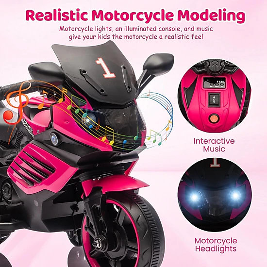 Enjyam 6V Kids Ride On Motorcycle w/Training Wheels, Electric Bike Toy w/Headlight, Horn & Music, Gift for Ages 3-6