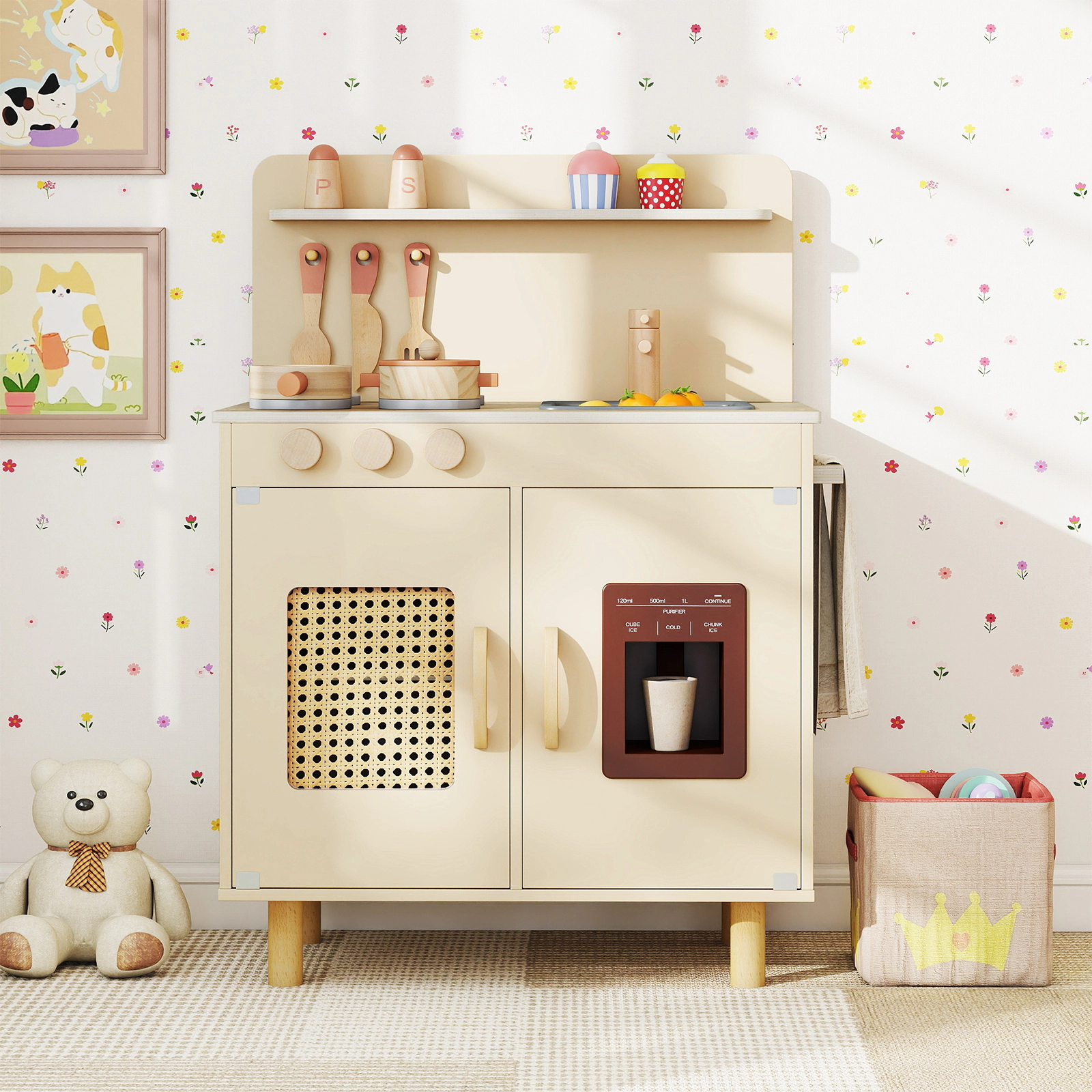 Wooden Play Kitchen Working Ice Maker Detachable Shelf 20.5-in Kids Kitchen Playset Spice Rack Ages 3+ Yellow