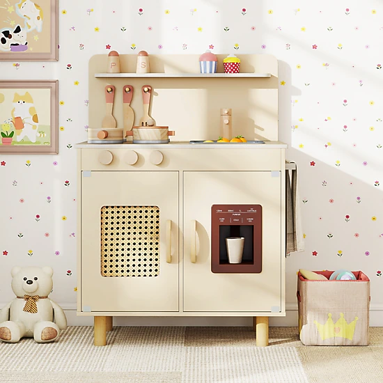 LJG Kids Wooden Pretend Kitchen Playset with Realistic Ice Maker