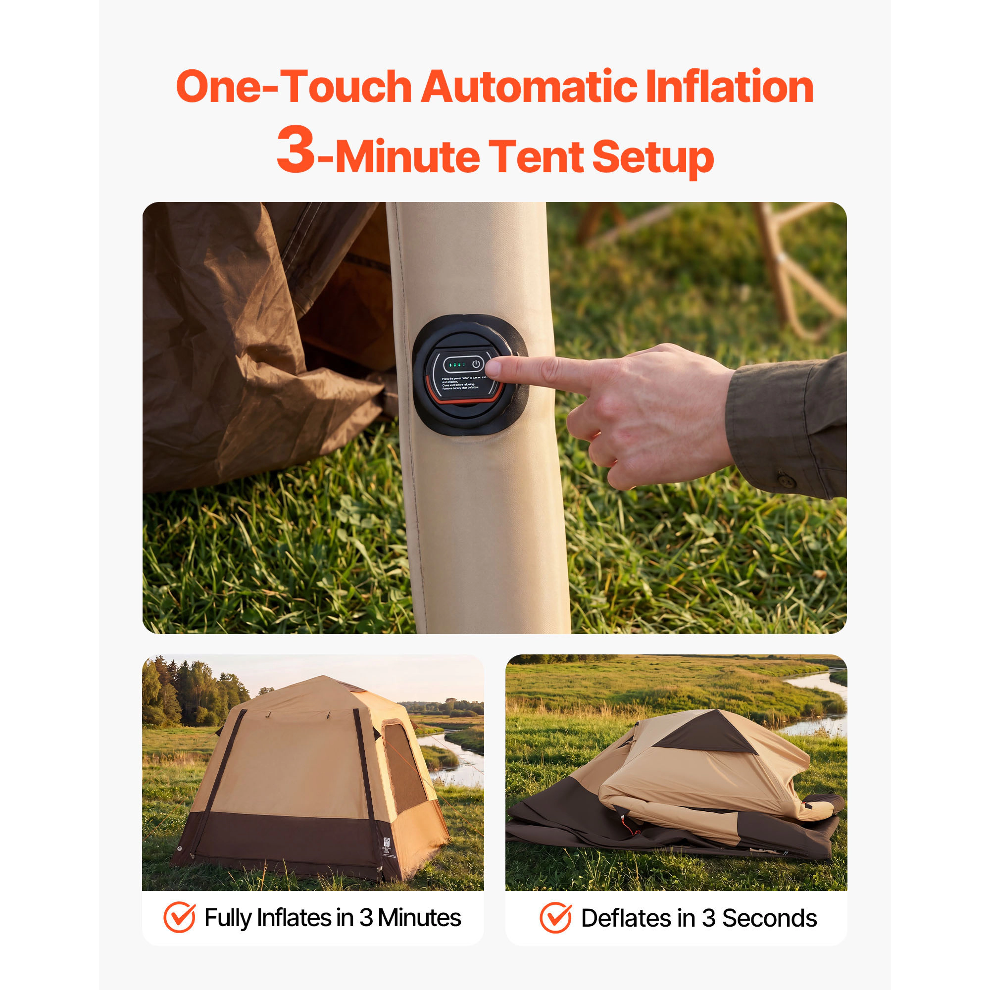HONGGE Camping Tent 4 Person Inflatable Cabin Tent with Rechargeable Pump TPU Air Tube & 5 Large Mesh Windows Portable