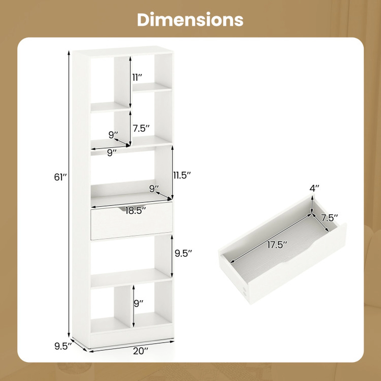 SUGIFT 61-in Tall Freestanding Bookcase with Drawer 8-Cube Storage Organizer 187-lb Capacity White