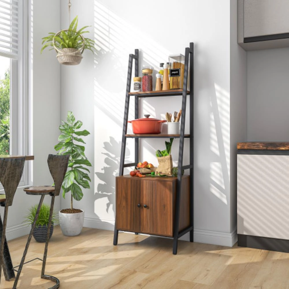 Hivvago 4-Tier Ladder Shelf with Cabinet and Metal Frame-Rustic Brown