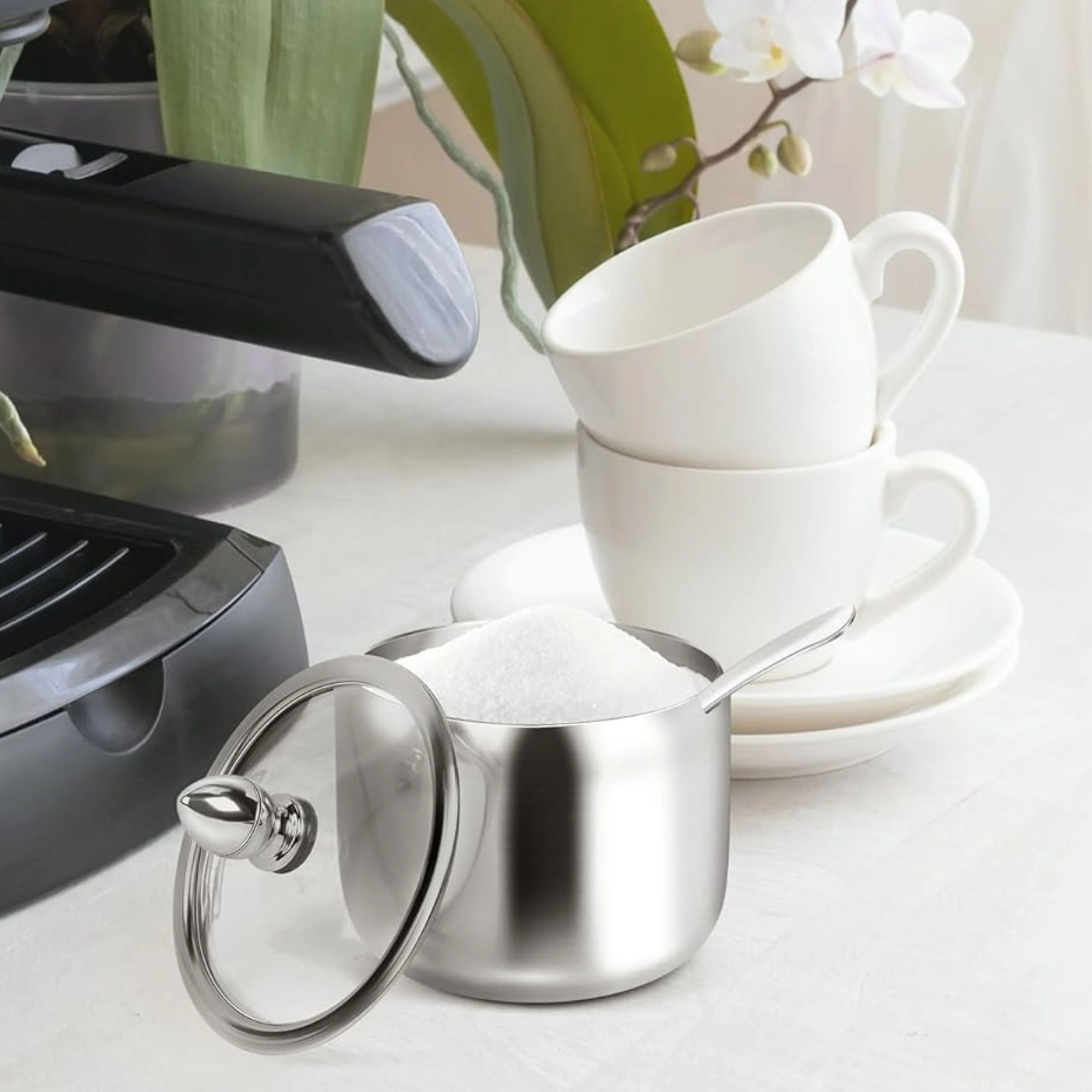 Stock Preferred Stainless Steel Sugar Bowl with Glass Lid and Spoon 16 oz