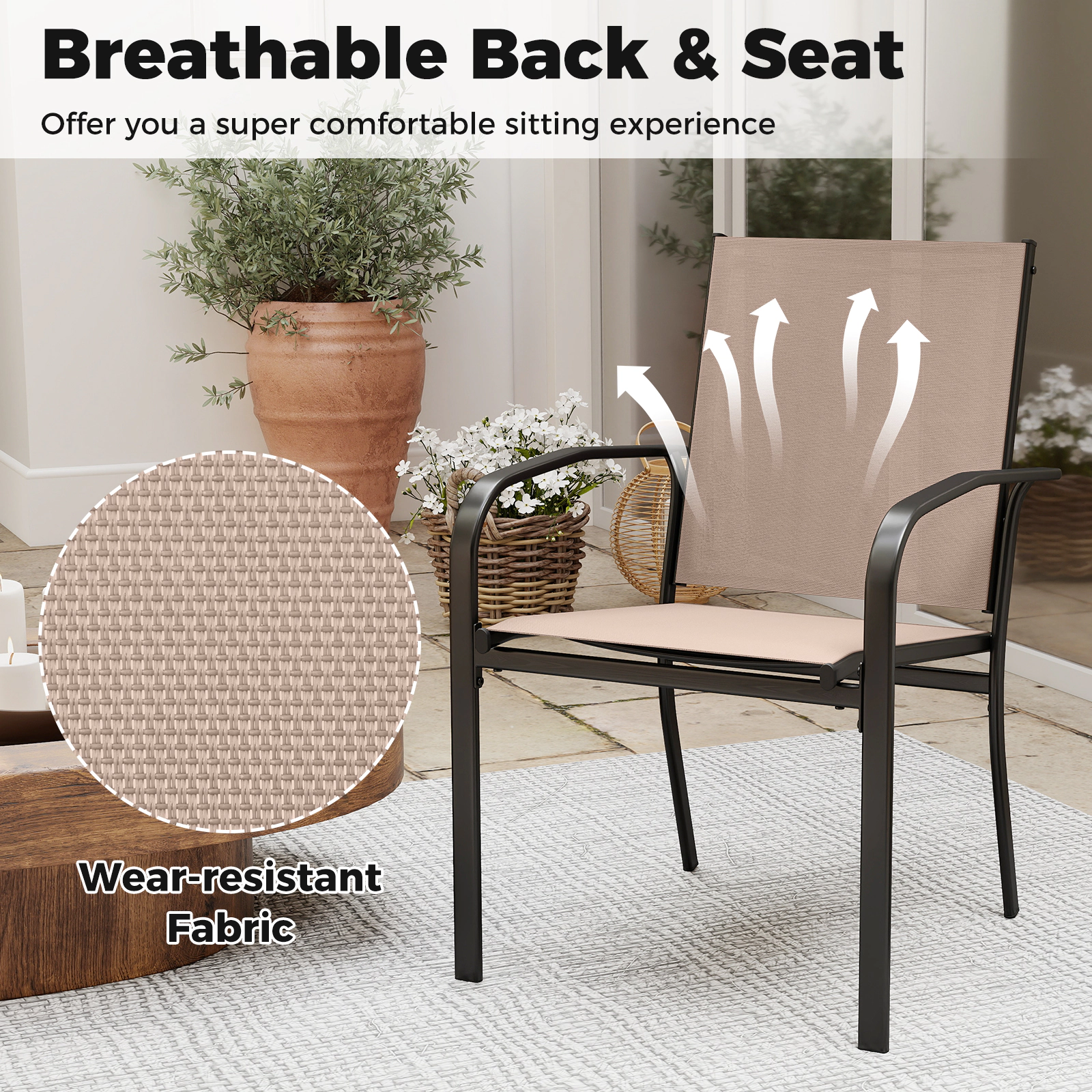 SUGIFT High Back Stackable Metal Outdoor Dining Chairs Set of 2 330-lb Capacity Light Brown
