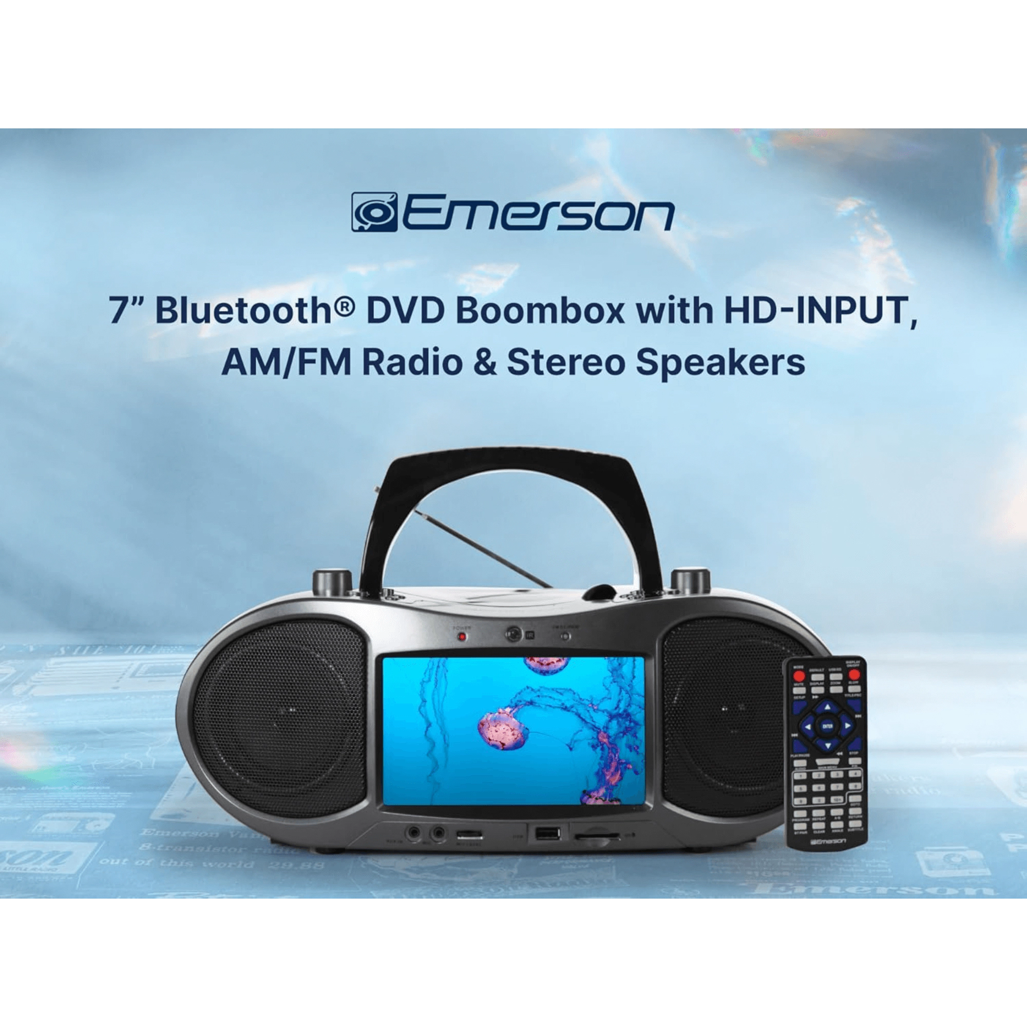 Emerson 7” Bluetooth DVD Boombox with HD-INPUT AM/FM Radio