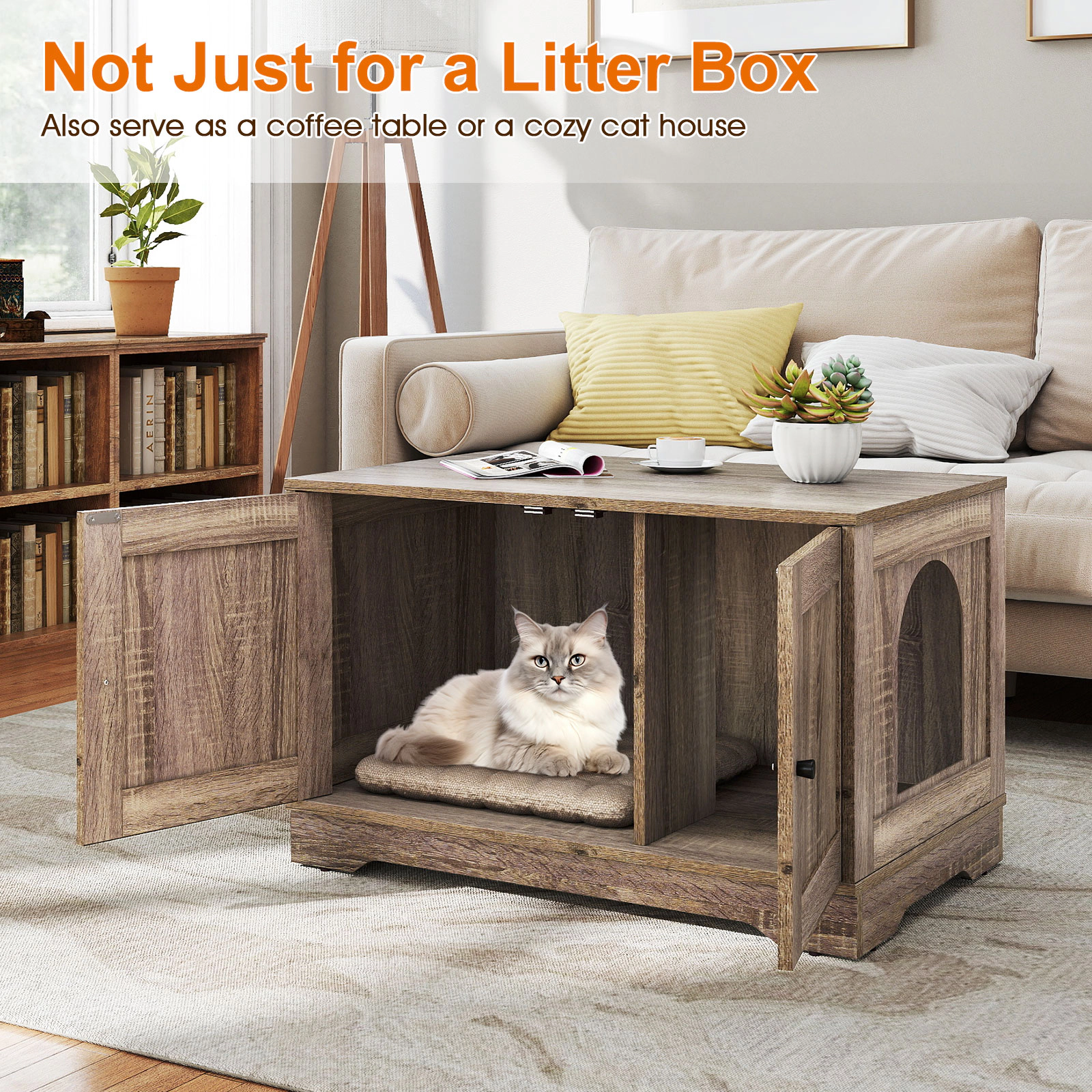 SUGIFT Cat Litter Box Enclosure Side Table with Dual Doors 110-lb Tabletop Capacity Gray