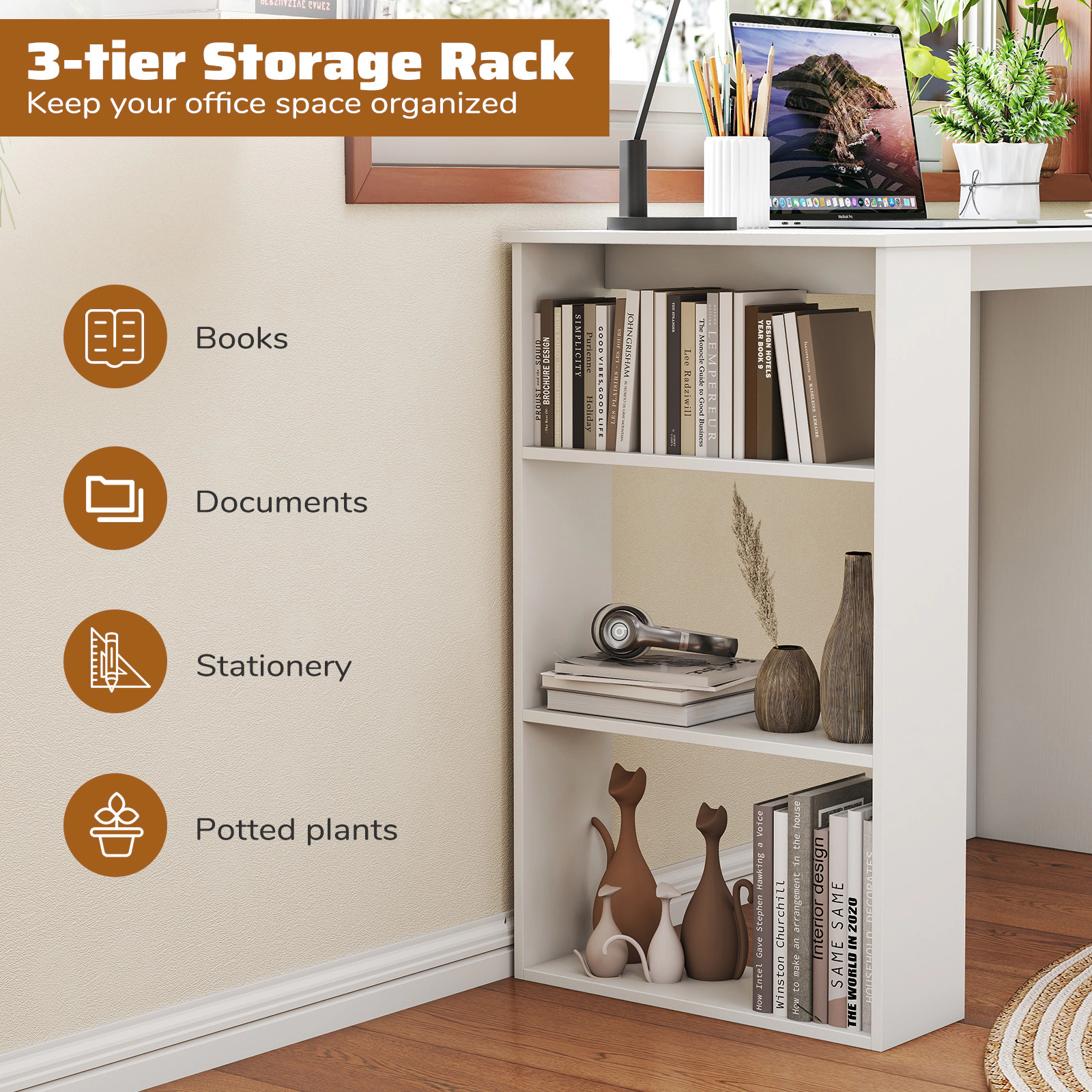 SUGIFT 35.5 in Computer Desk White with Side Bookshelf for Small Spaces