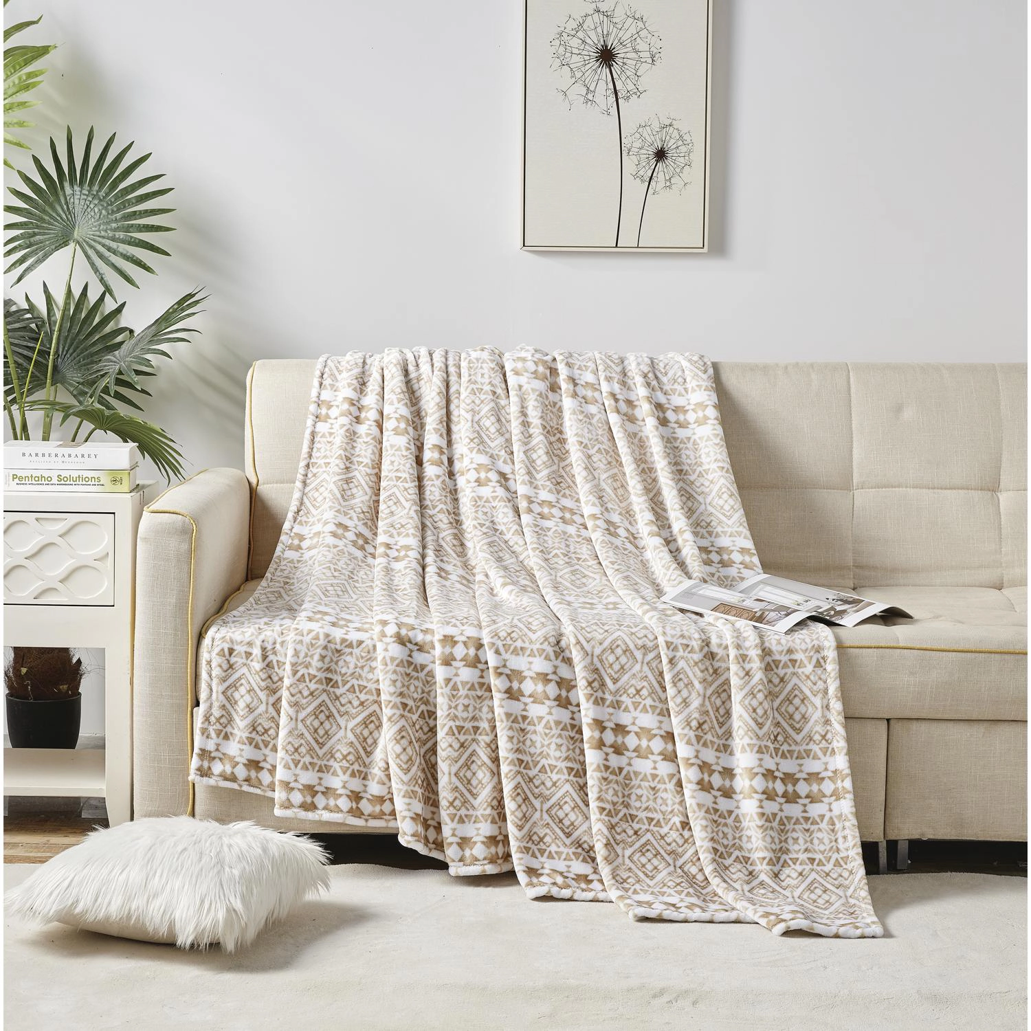 Plazatex Tala Printed Luxurious Ultra Soft Lightweight Bed Blanket 90" x 90" Beige