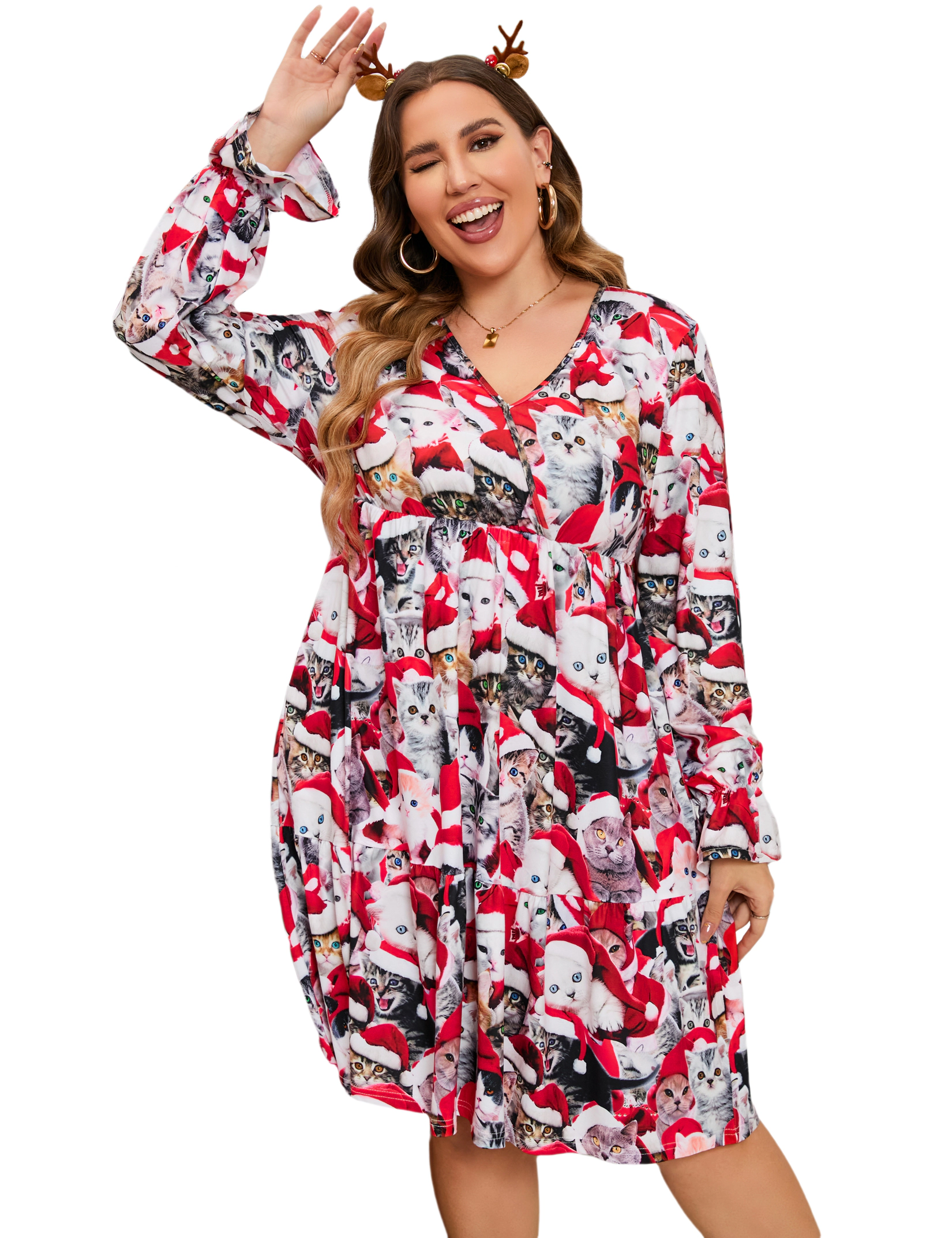 KOJOOIN Women Plus Halloween Dress Christmas Dresses V Neck Long Sleeve Festival Party Costume Outfit