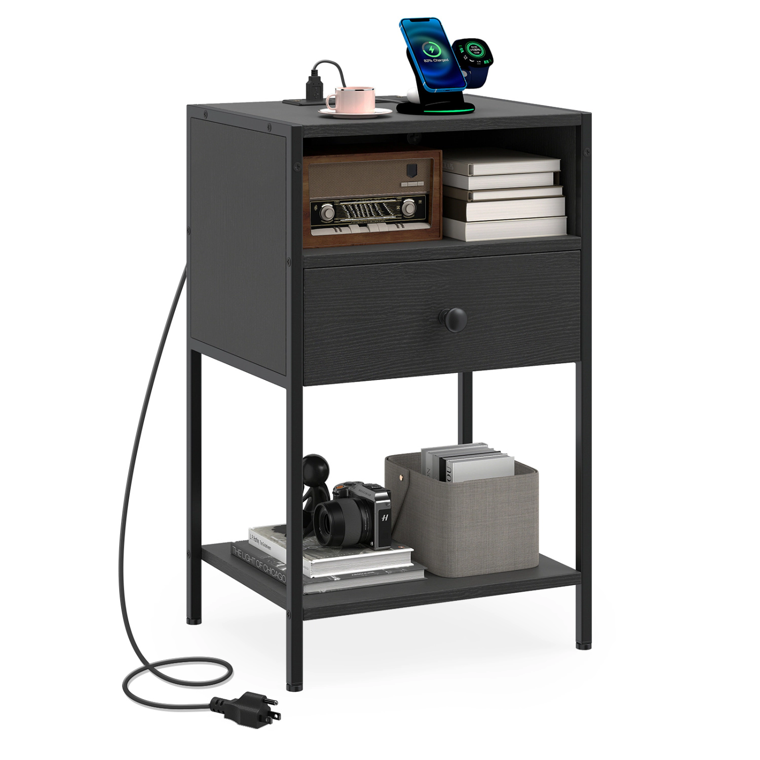 Glintex Carbon Steel Nightstand with Soft-Close Slides and Charging Station