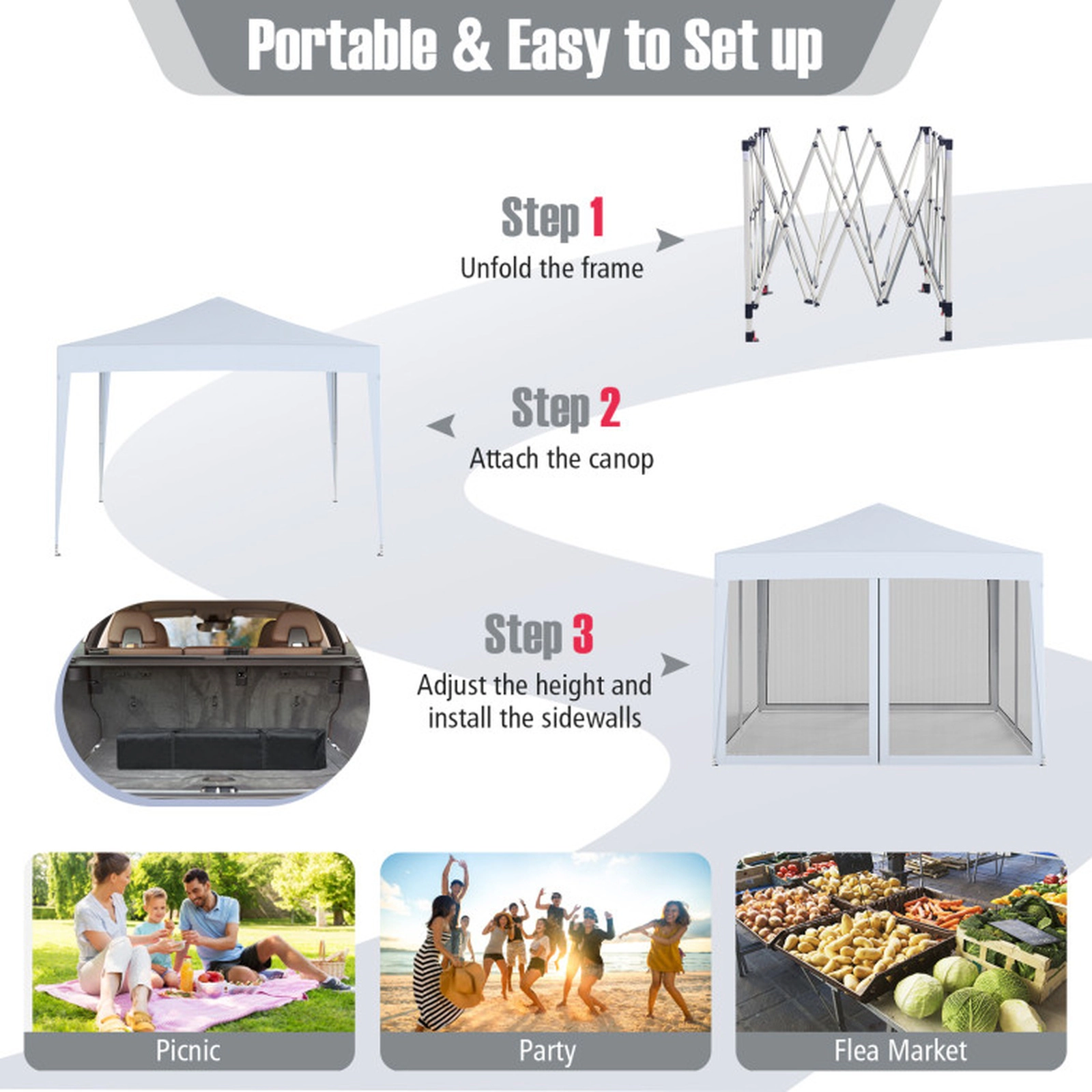 SUGIFT White Instant Pop Up Canopy Tent with 4 Zippered Mesh Walls for 6-8 People 10-ft W 10-ft D 8.5-ft H