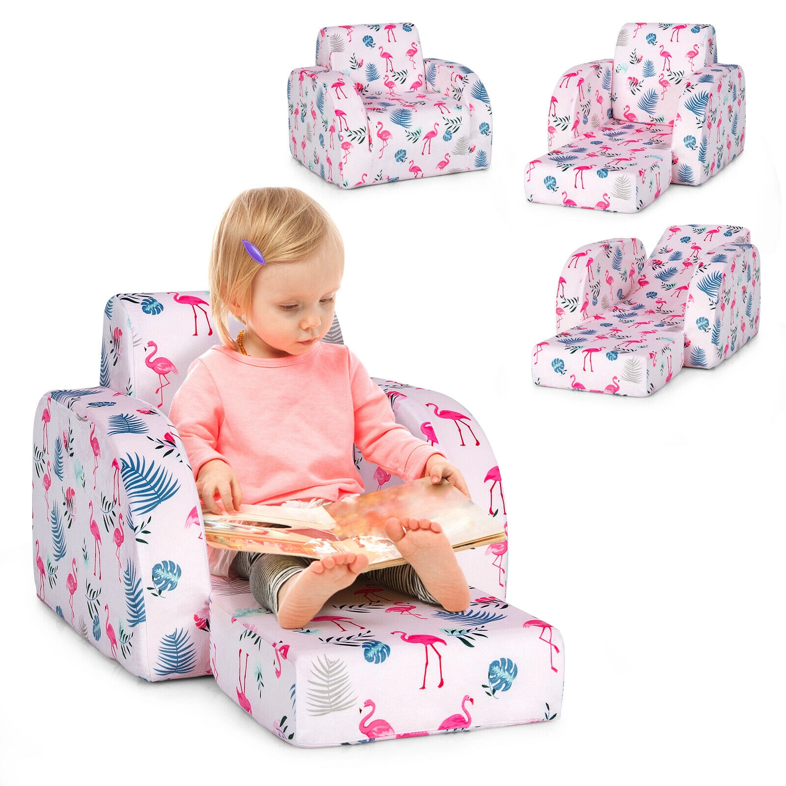 SUGIFT 3-in-1 Convertible Kids Sofa Bed Flip-Out Chair Lounger 66-lb Capacity Under 4 Years Pink