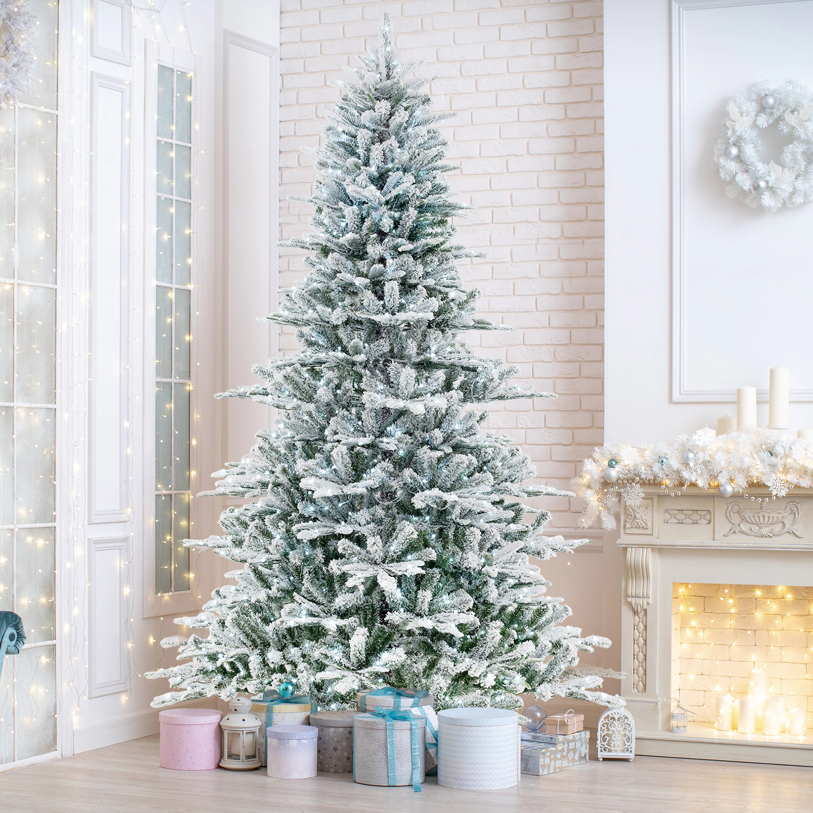 LJG Snow Flocked Artificial Christmas Tree with Cool White LED Lights