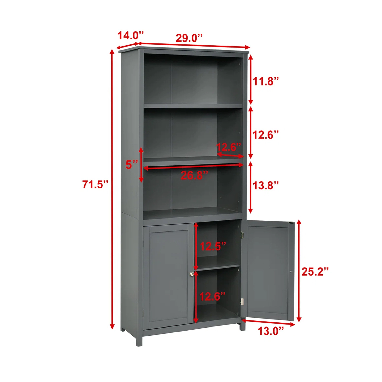 Hivvago Floor Standing Display Shelf With 3 Open Tiers And Dual Door Storage