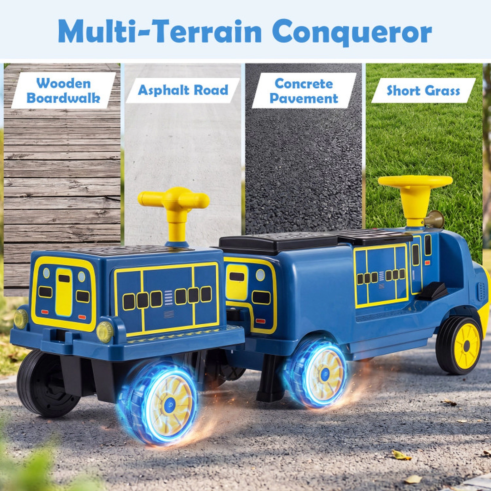 SUGIFT 12V 3-Seater Kids Ride-On Train with Detachable Carriage 132-lb Seat Capacity Ages 3+ Yellow & Blue/Red & Black