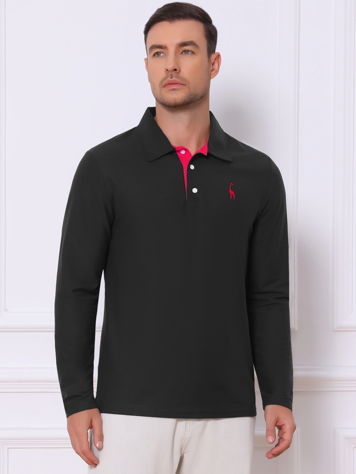 INSPIRE CHIC Men's Pattern Pique Long Sleeve Golf Polo Shirt