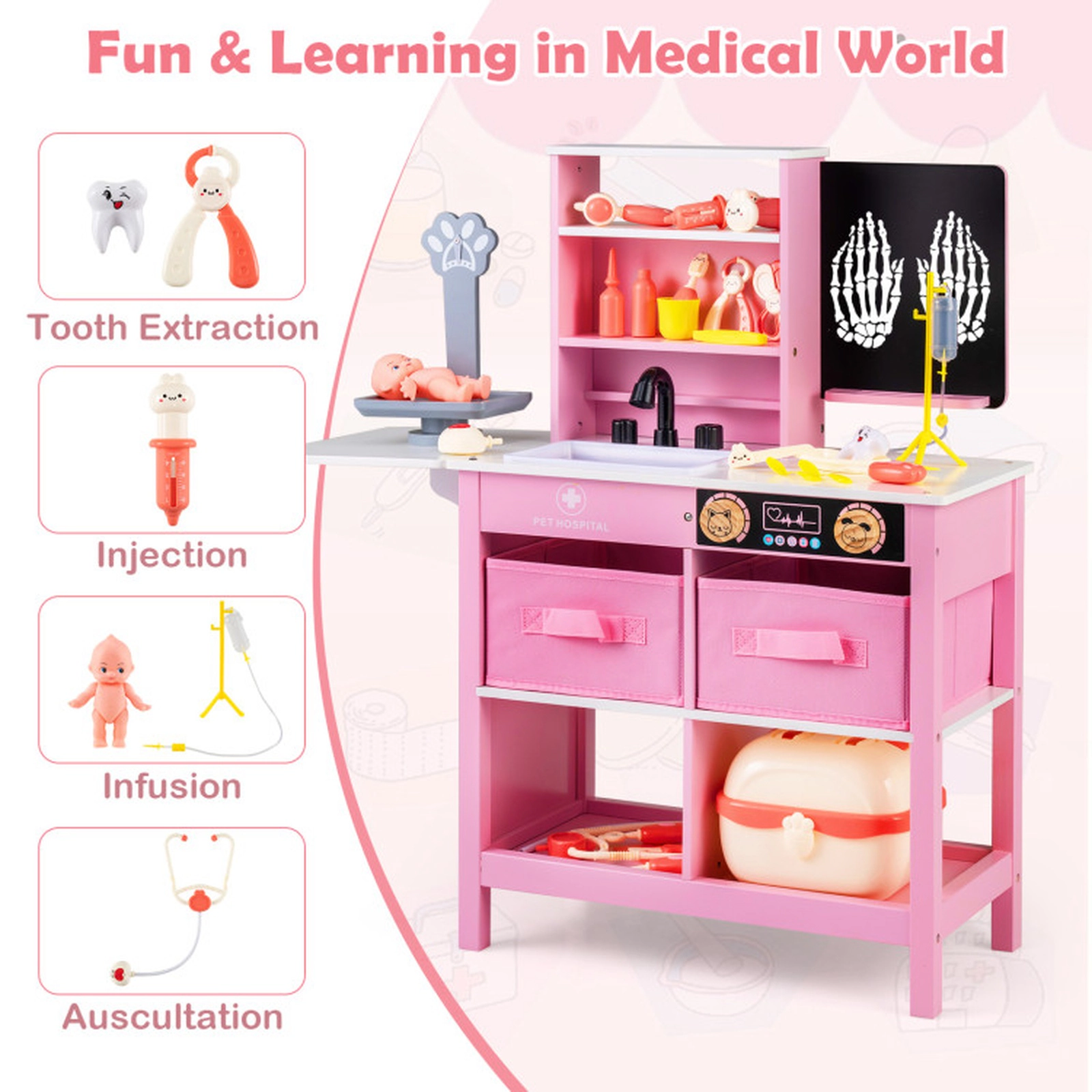SUGIFT White and Blue Wooden Doctor Kit for Kids Medical Center Playset with Blackboard Sink Pet Scale 32.5-in Tall