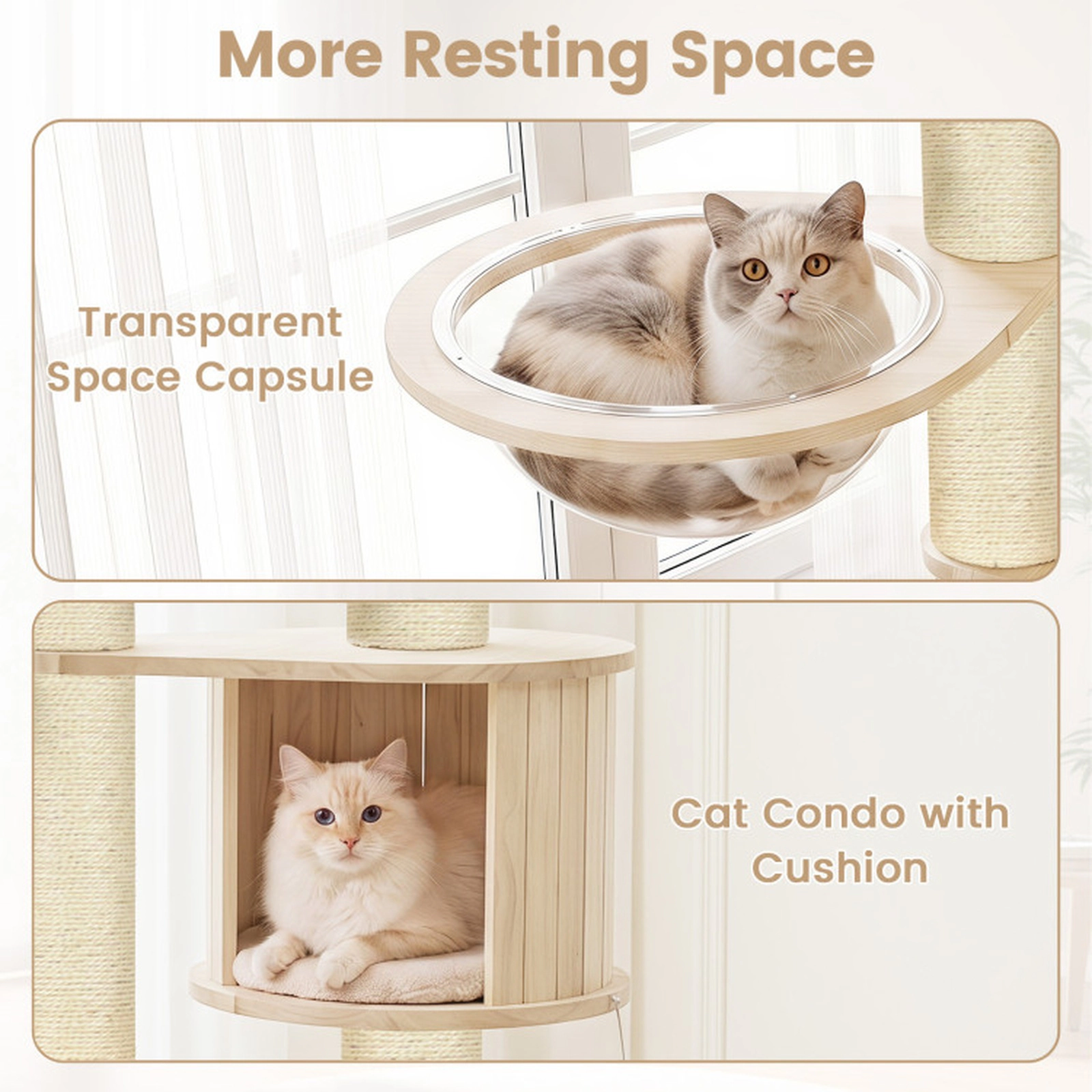 SUGIFT Multi-Level Rubber Wood Cat Tree with Top Perch Condo and 3 Hanging Feather Toys 35-lb Capacity Beige