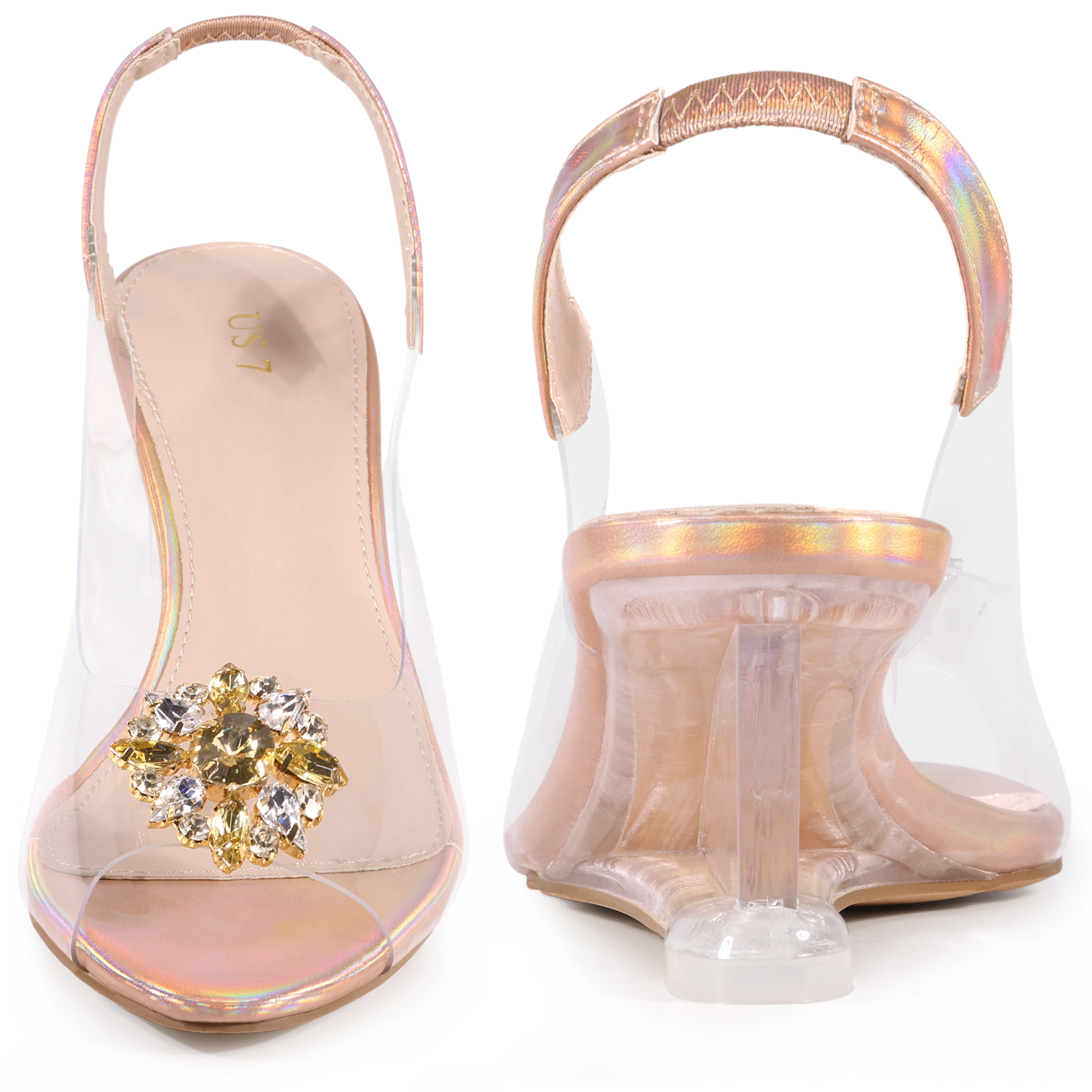 BLISSFUL STEP Women's Rhinestone Clear Peep Toe Wedge Heel Slingback Slip On Sandal