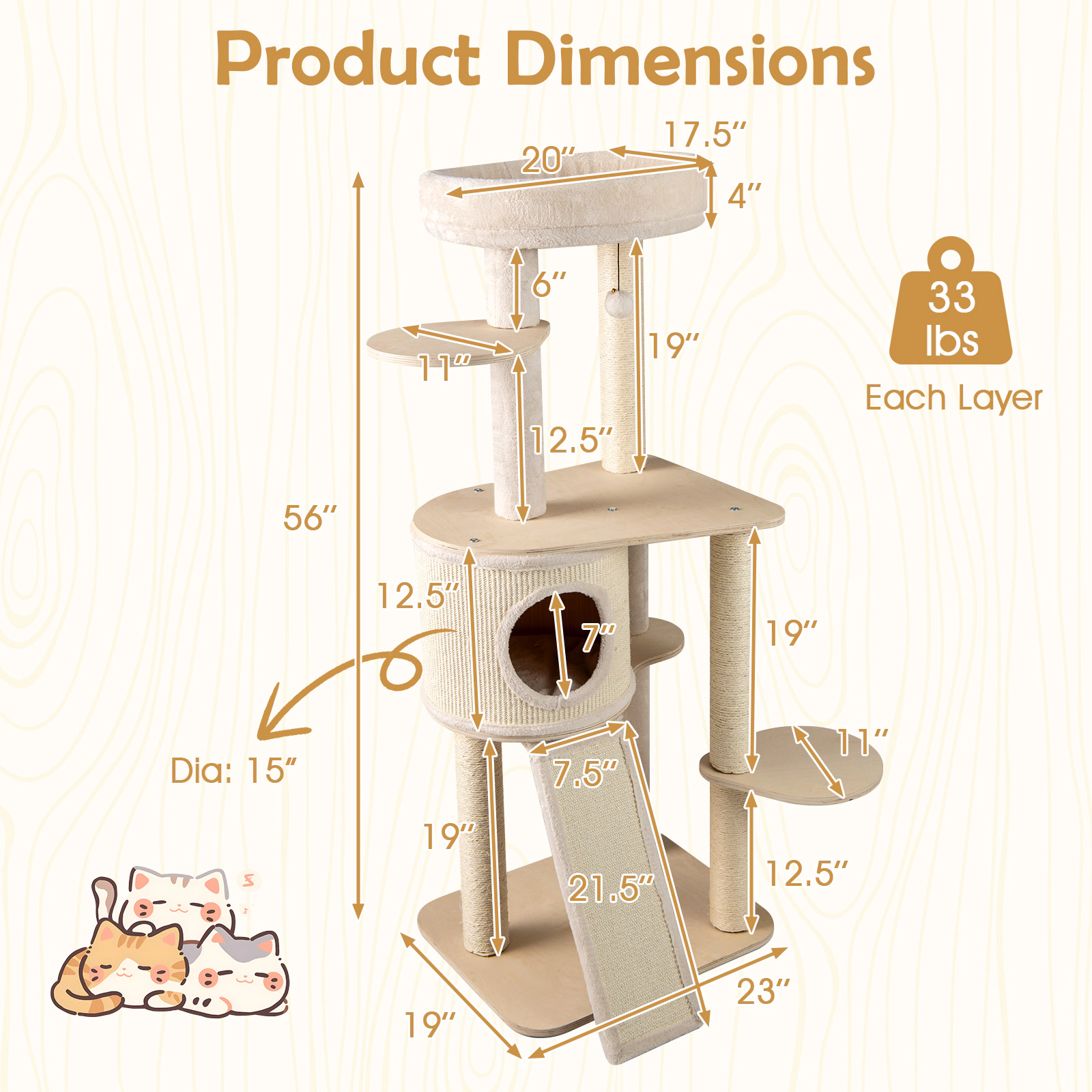 Glintex 56-Inch Birch Plywood Cat Tree with 2-in-1 Ladder and Bamboo-Lined Condo, Natural