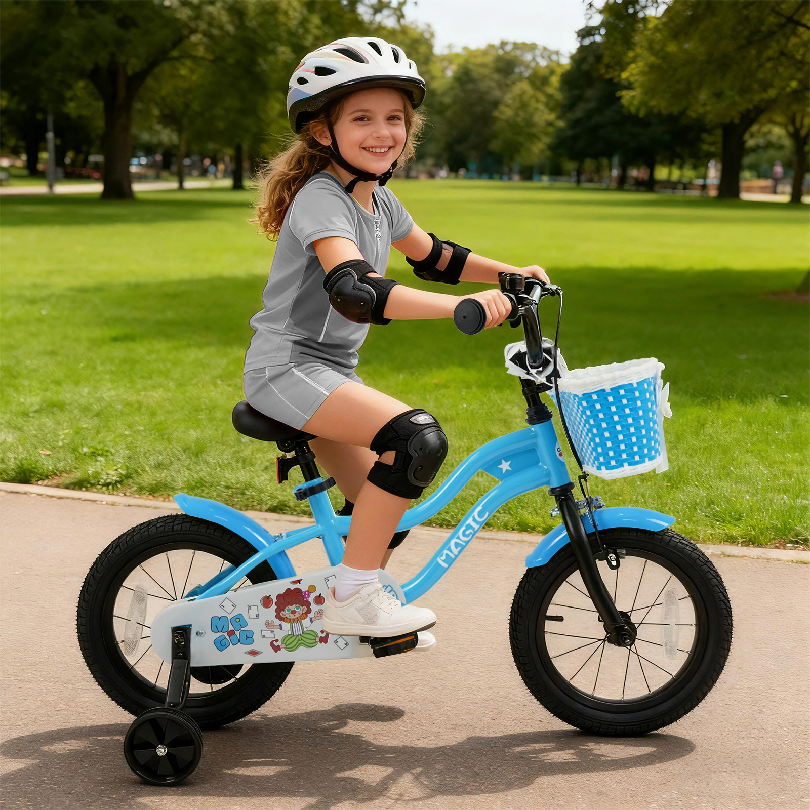 14-in Kids Bike Navy Training Wheels Removable Basket Ages 3-5 Toddler Bicycle Enclosed Chain Guard 110-lb Capacity